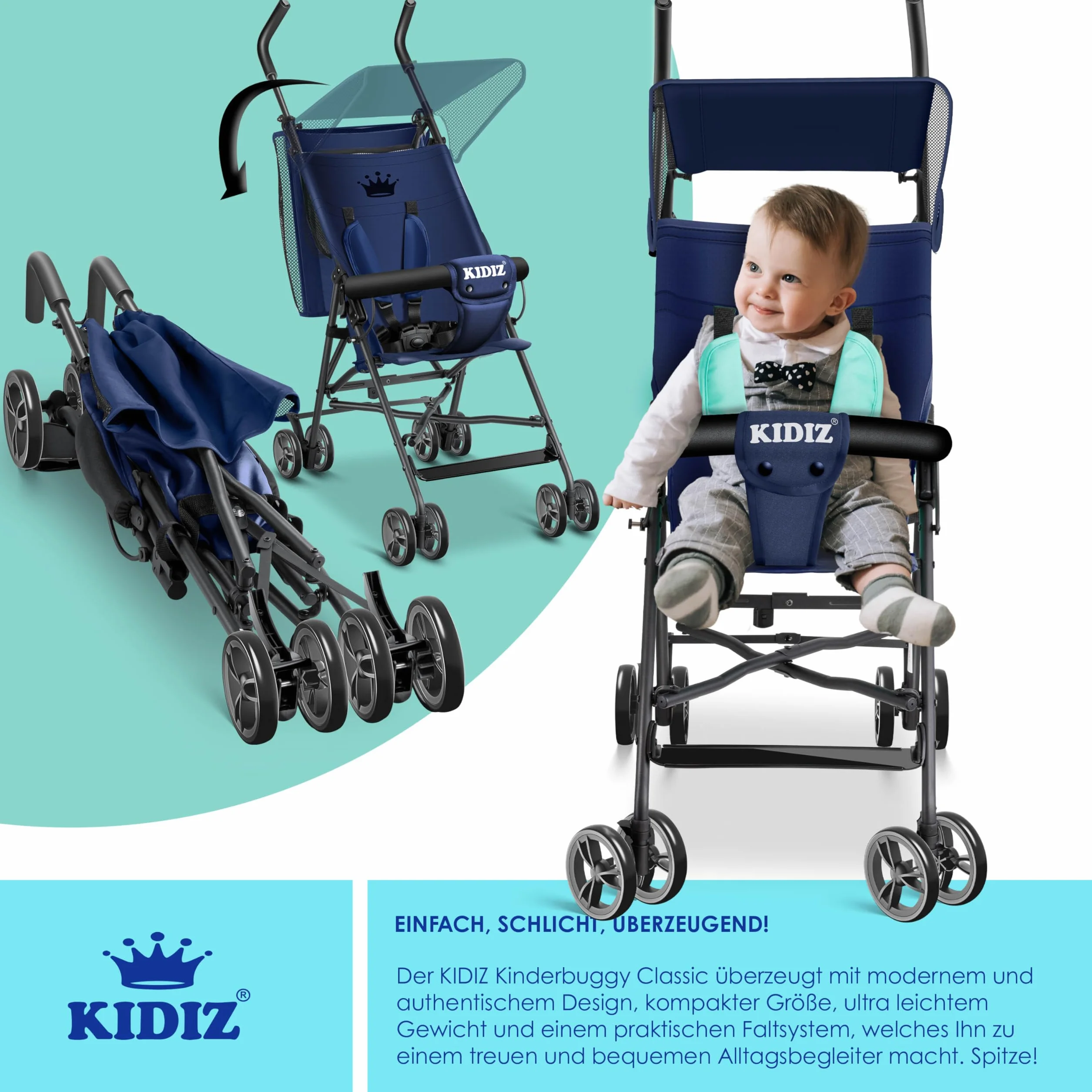 KIDIZ Poussette pliante 360° 4 roues parasol ceinture sécurité 5 points bleu marine