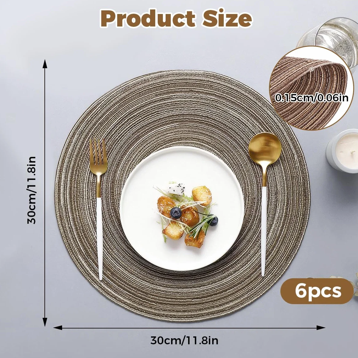 Set de Table Rond 30 cm 6 Pièces en Coton Tressé Lavable Résistant à la Chaleur Antidérapant