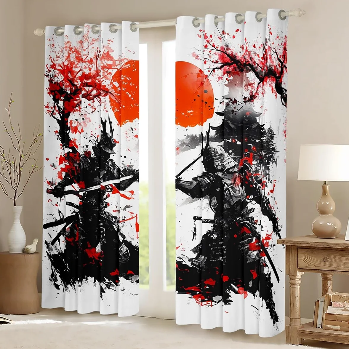 Rideaux de fenêtre samouraï japonais, aquarelle rouge fleurs de cerisier rideaux de décoration d'intérieur, tournesols peinture à l'encre noire, rideaux de fenêtre durables pour enfants