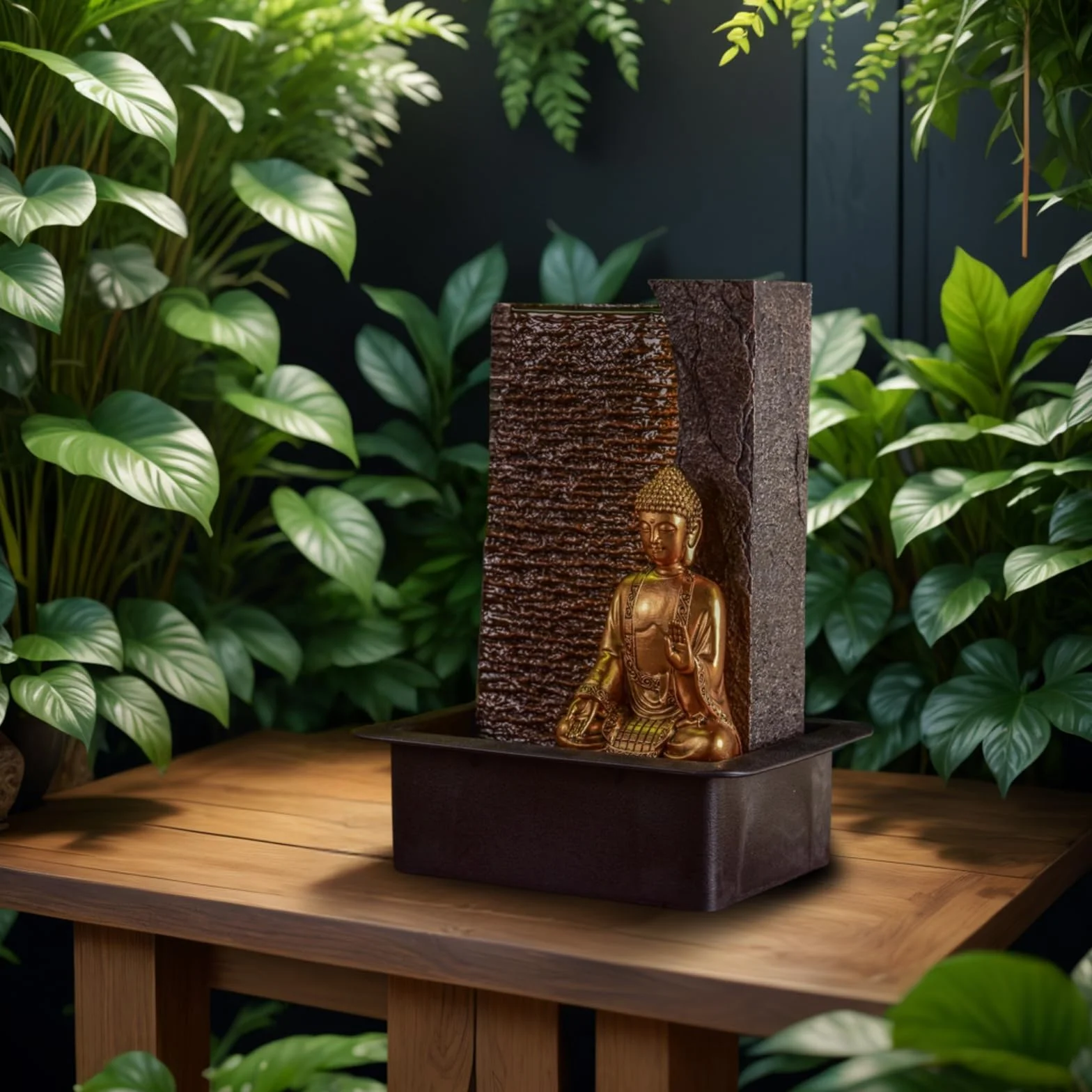 Fontaine d'Intérieur Bouddha Zen'Light Jati H 40cm avec Bandeau LED Jaune et Pompe Silencieuse