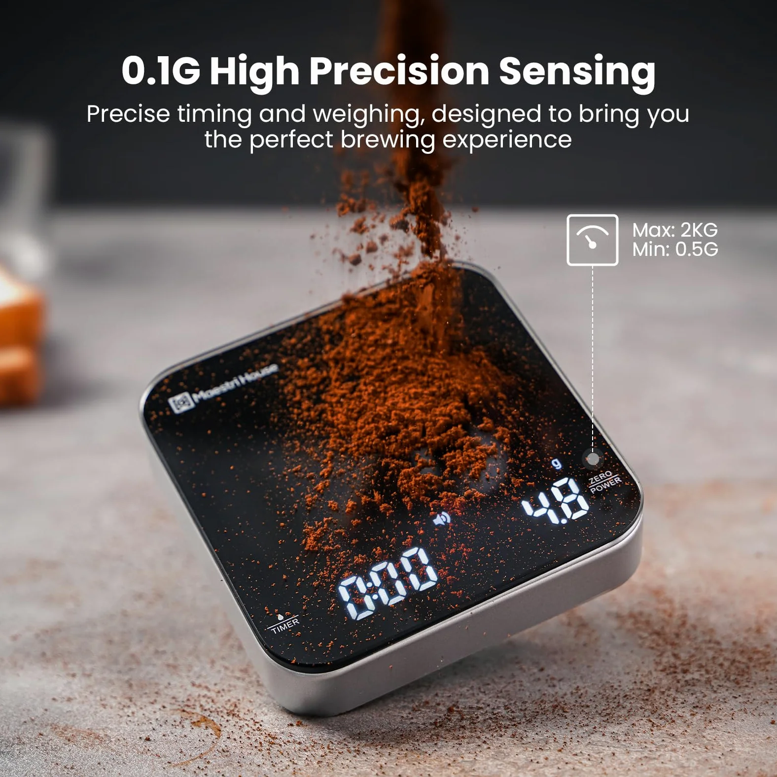 Maestri House Balance de cuisine numérique avec minuteur, précision 2 kg/0,1 g, rechargeable, avec poids de calibration