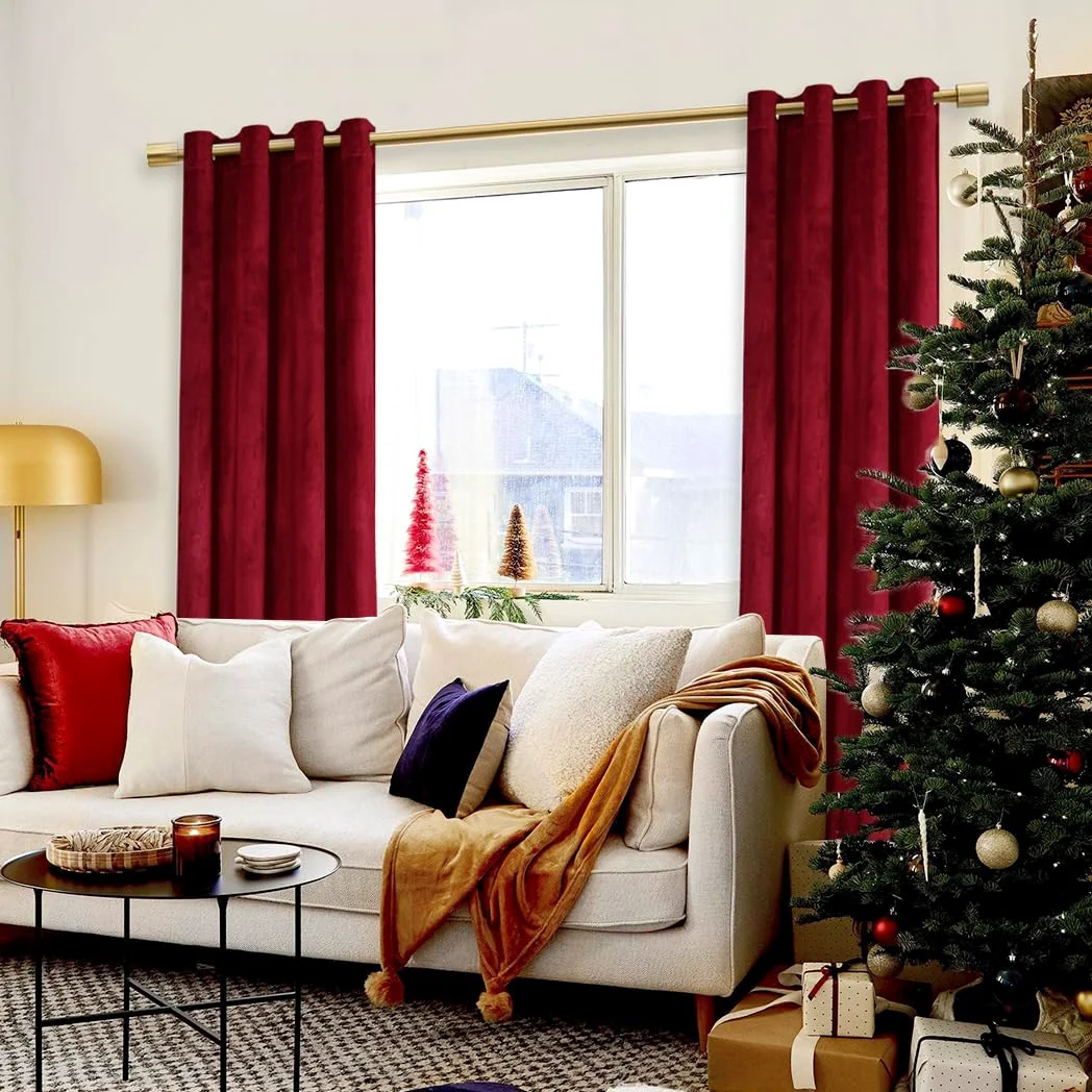 JIUZHEN Décorations de Noël Lot de 2 Rideaux Velours Occultants Doux et Opaques à Oeillets Rideau Thermique Isolant Anti Chaleur et Frois pour Chambre Décoration 140x260cm (LxH) Rouge Bordeaux