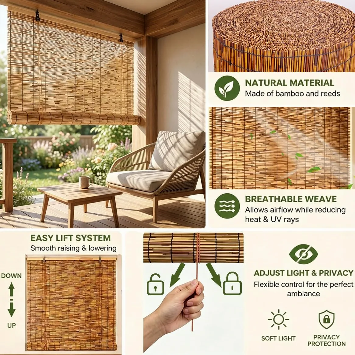 Store Bambou Intérieur sans Percage, 80 100 120 130 135 140 145 155 160 cm Store Enrouleur Bambou Naturel, Rideau Thermique Occultant pour Pergola Balcon Terrasse(W140 cm x H240 cm)