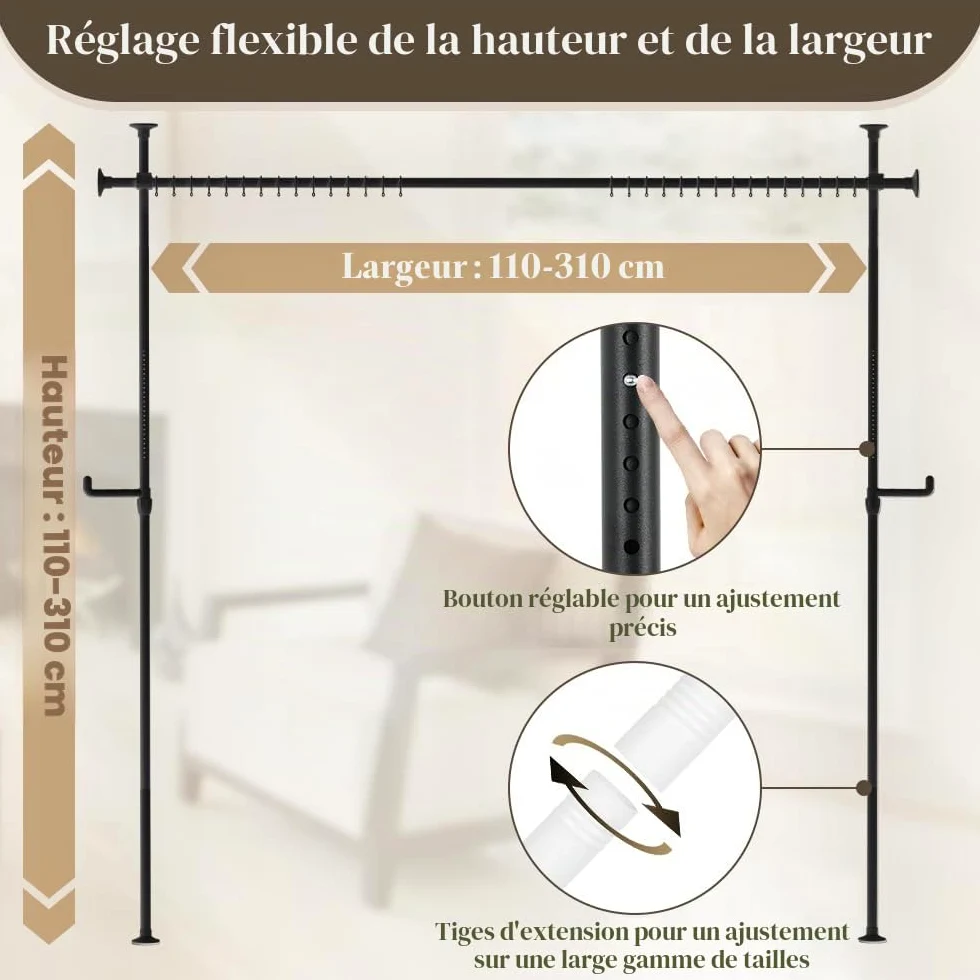 SMONTER Tringle à rideau de séparation de pièce - Barres de rideau sans perçage, tringles à rideau de tension du sol au plafond pour rideaux, séparation de pièce autoportante 110-310 cm réglable extra
