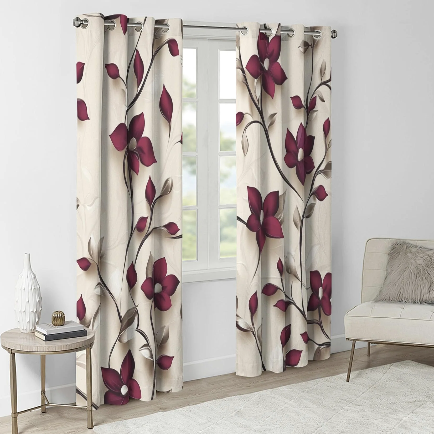 Rideau Occultant Bourgogne Floral - Rideaux Thermiques à Oeillets - Rideaux Imprimé Motif Vintage pour Salon Chambre Fenetre - Lot de 2 Rideaux et Draperies Intérieurs - 140x200 cm (L x H)