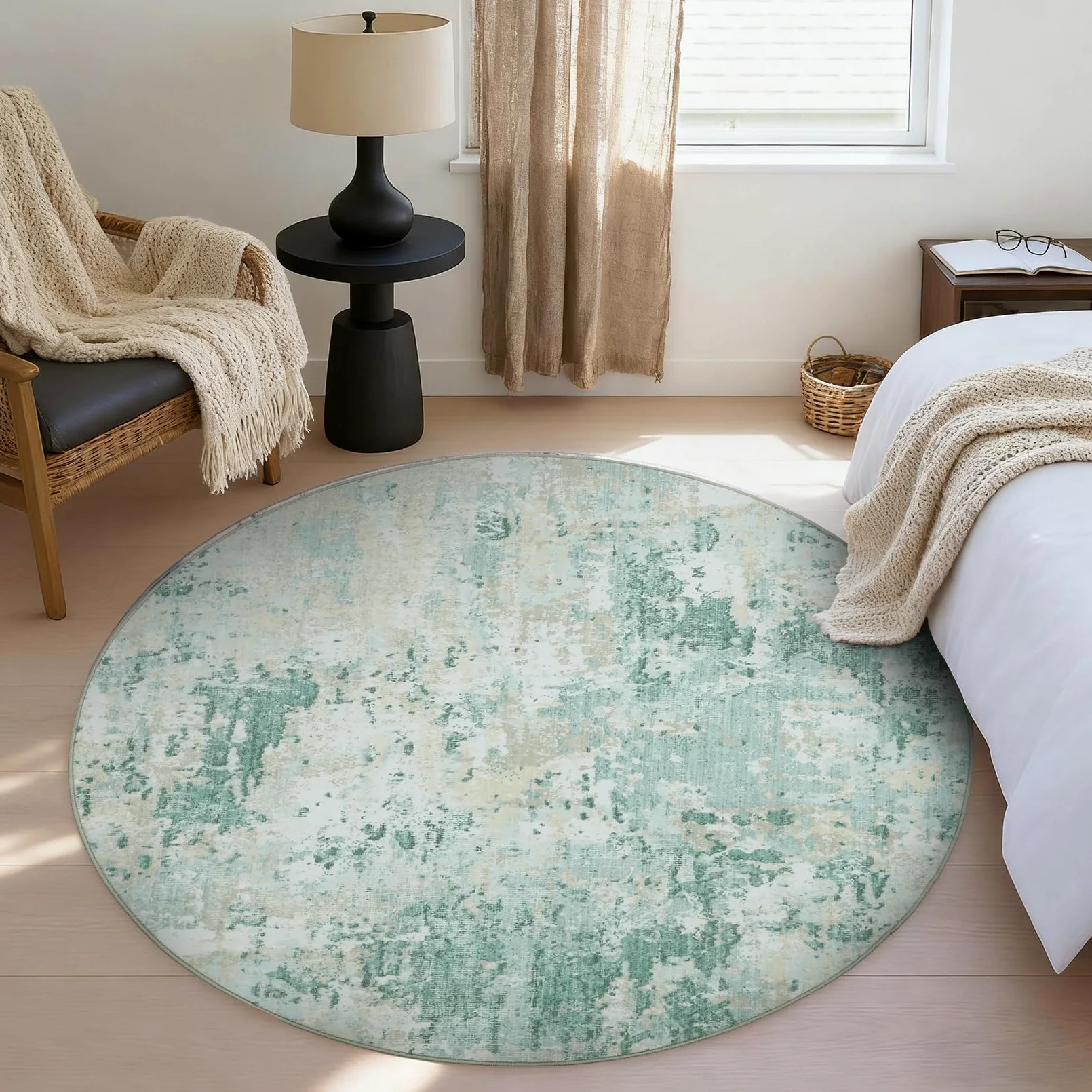 CAROMIO Tapis rond moderne abstrait pour chambre à coucher, salon, tapis moderne antidérapant pour bureau et bureau - Tapis pliable à poils courts - Vert - 120 cm