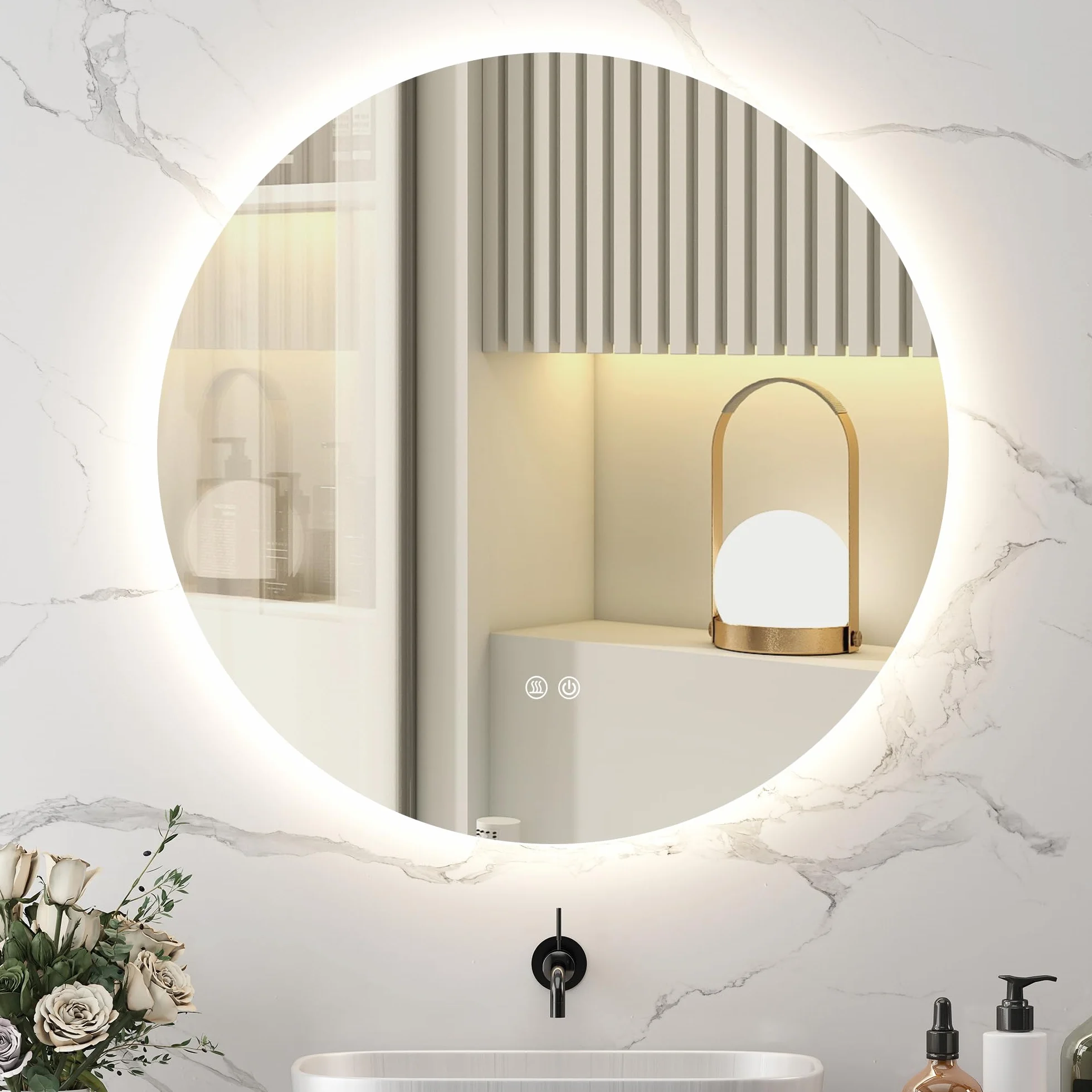 Kleankin Miroir Rond Lumineux LED Mural Salle de Bain 80 cm Interrupteur Tactile Antibuée Luminosité Réglable 20,5W+26W Blanc Argent