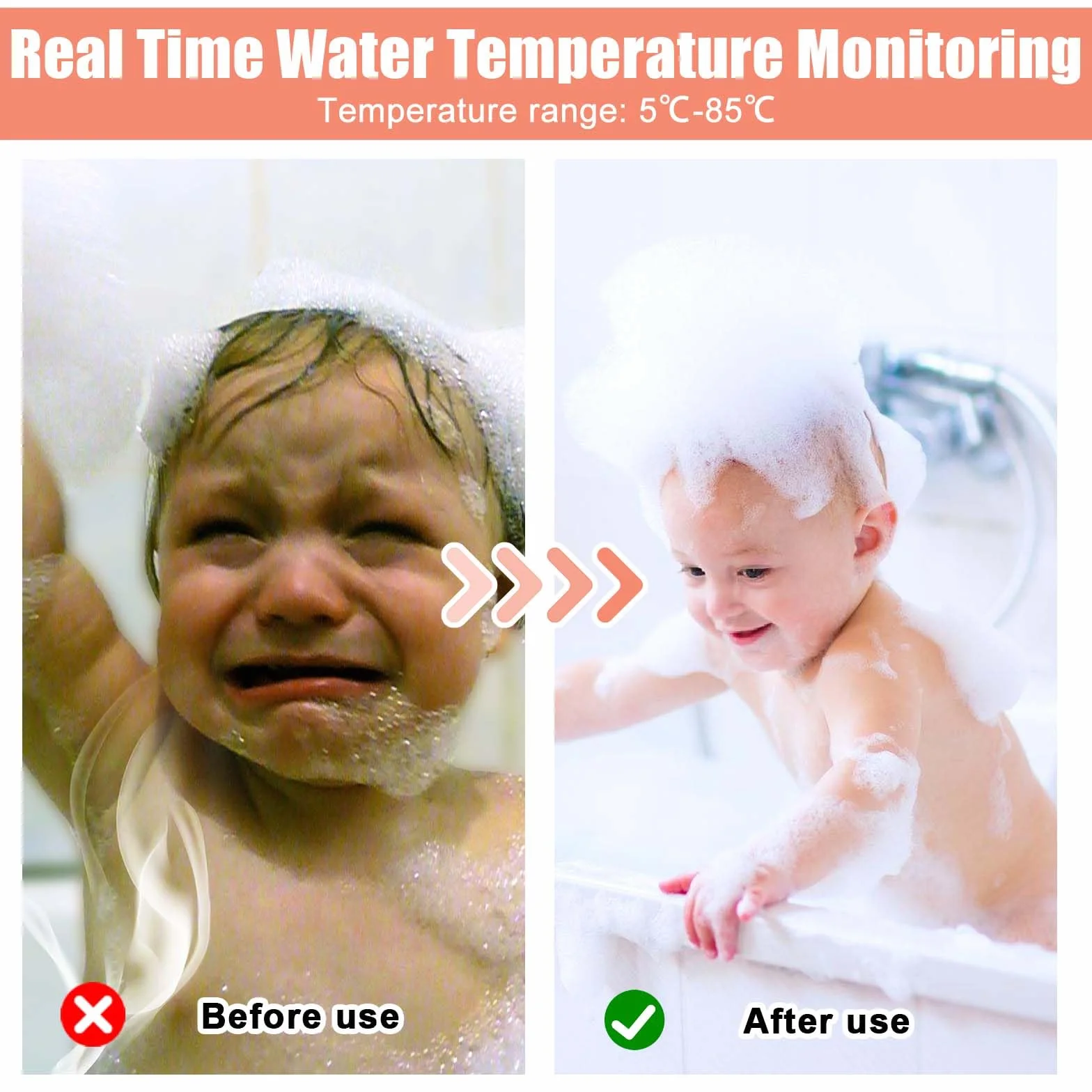 Thermomètre de bain numérique 5-85°C écran rotatif 360° débit d'eau en temps réel