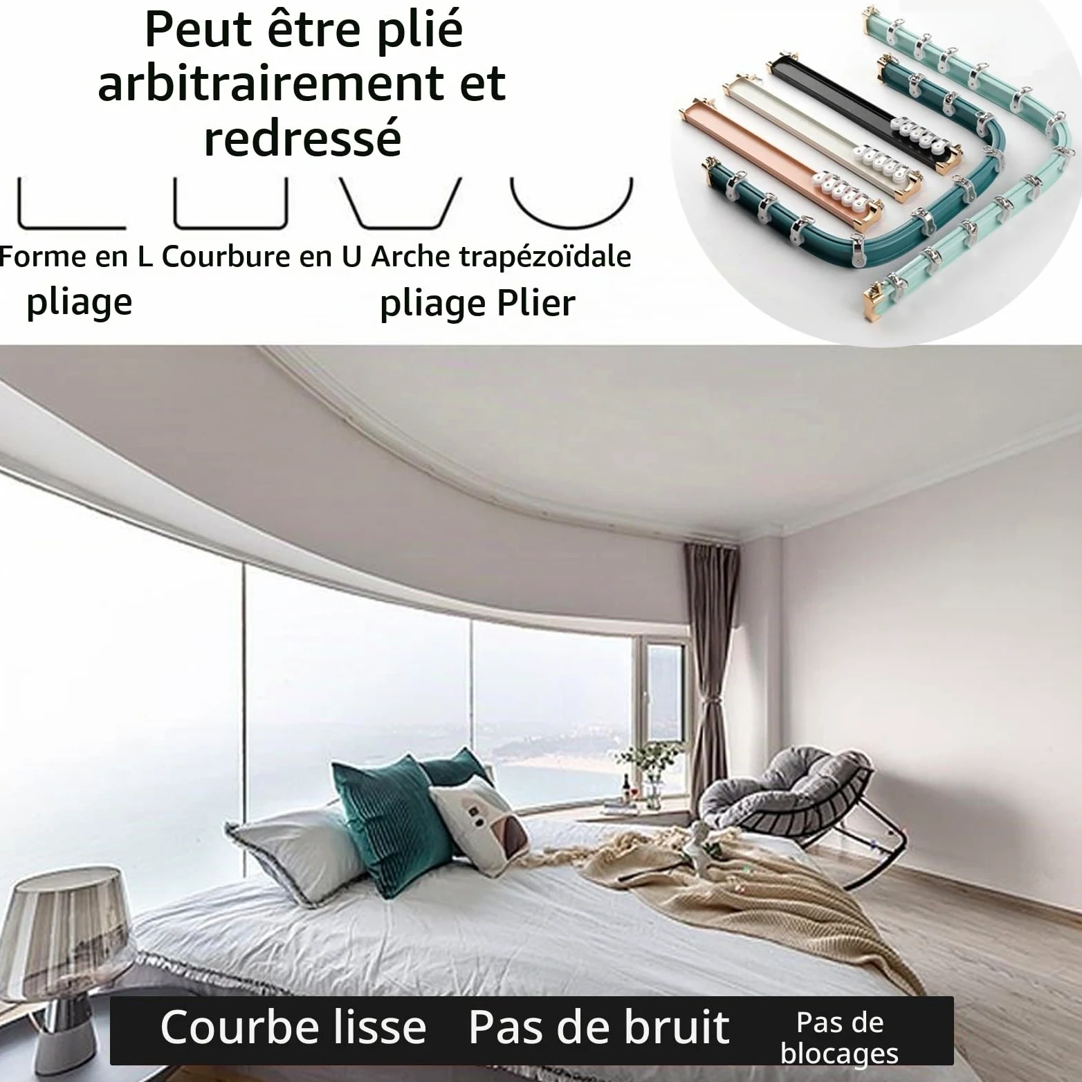 Rail pour Rideaux Pliable Tringle Rideau Plafond Noir/Blanc/Vert/Bleu/Rose Tringle Rideau Flexible Facile À Installer Rail De Rideau Courbe Montage Au Mur Rail De Rideau en Aluminium