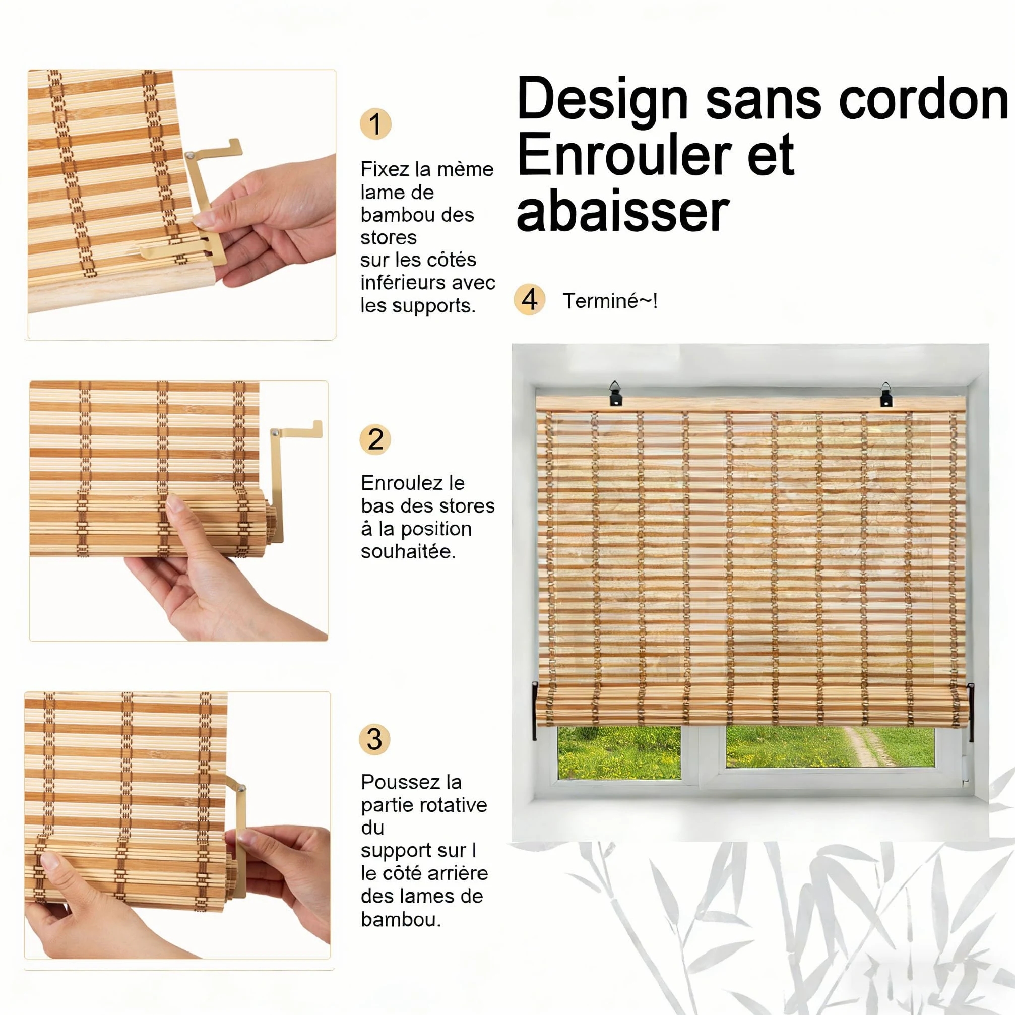 Store Enrouleur en Bambou Opaque, Protection Solaire et Brise-Vue pour Porte/fenêtre (Marron, 90 x 220 cm)