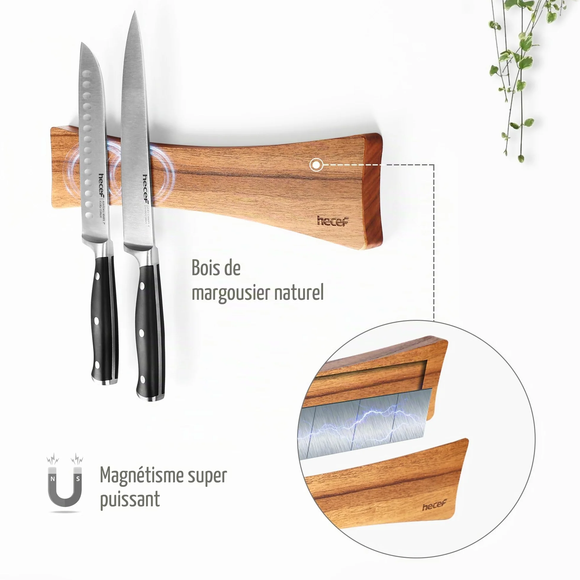 Barre Magnétique pour Couteaux en Bois Stable, Support Mural Aimanté 40,6 cm, Design Ailes de Papillon