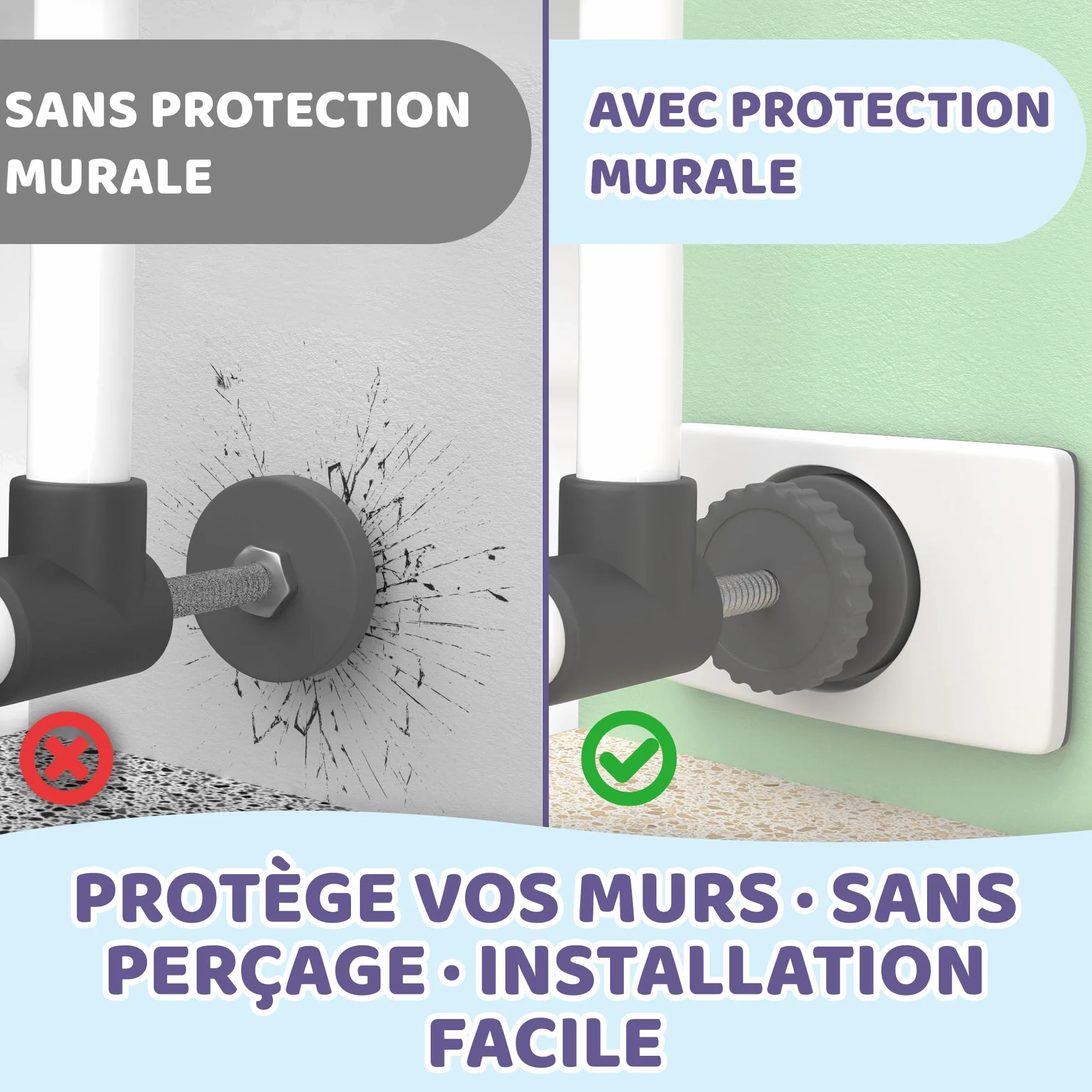Patins de Protection Murale sans Perçage – Grille et Barrière de Sécurité pour Escalier & Porte – Fixation à Pression pour Bébé & Enfants