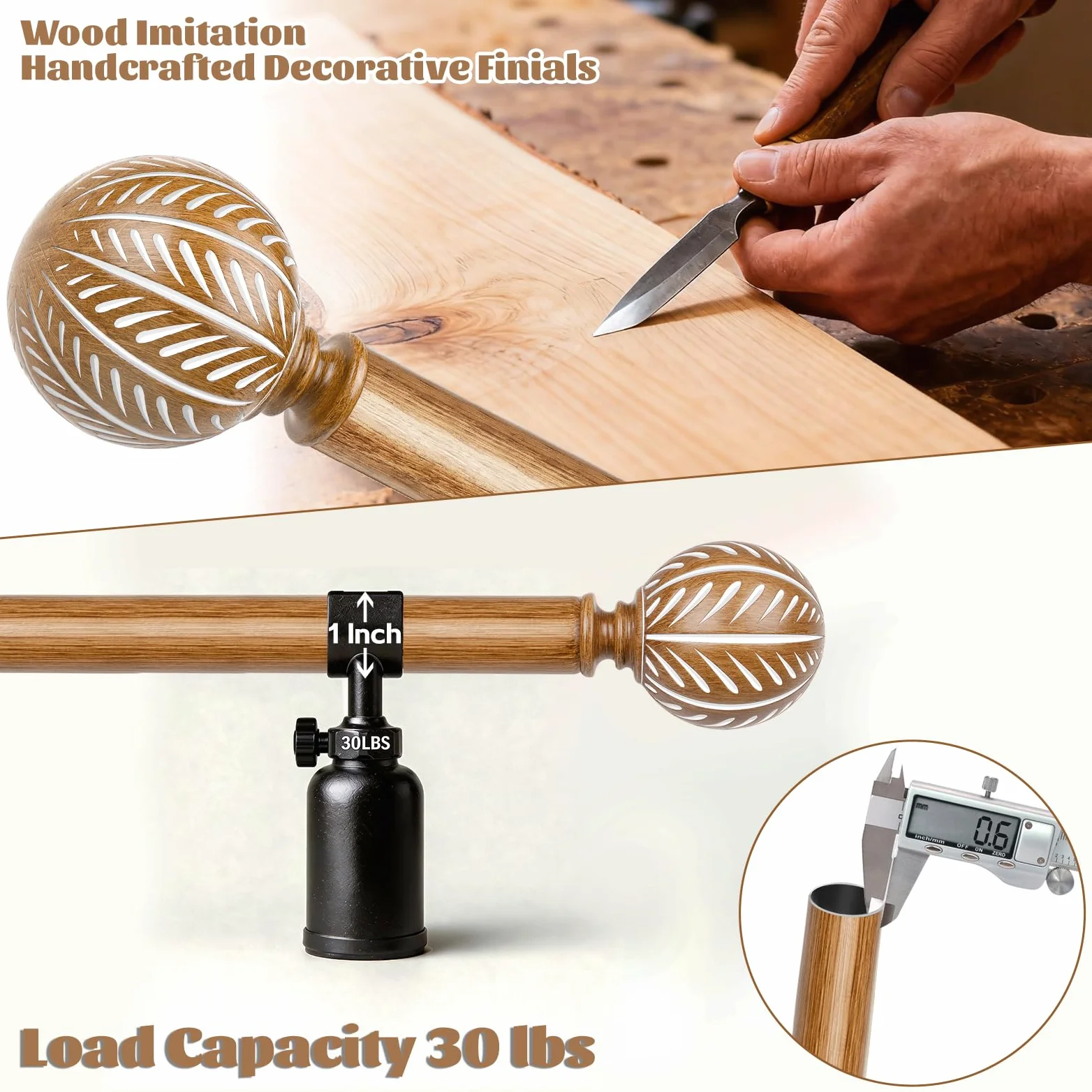 KAMANINA Tringle à rideaux double en bois de 2,5 cm pour fenêtres de 167,6 à 304,8 cm (1,5 à 3 m) – Tringles à rideaux décoratives très résistantes avec embouts à motif de feuilles – Grain de bois