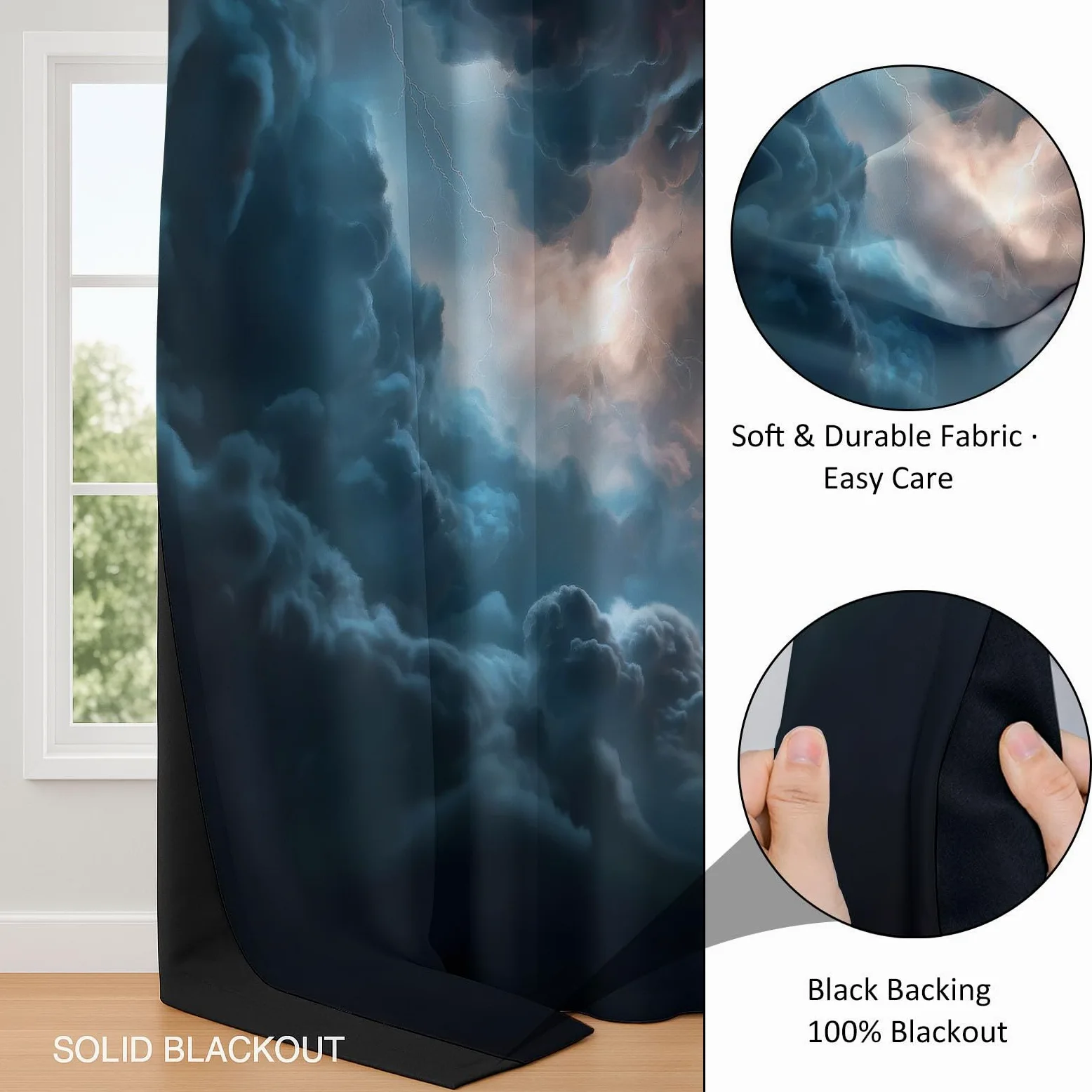 Rideau Occultant Gris, Style Fantastique Nuages Sombres Éclairs Rideaux à Oeillets, Rideau Thermique Isolant Anti Froid et Chaleur pour Salon Chambre Fenetre Décoration 110L x 215H cm Lot de 2
