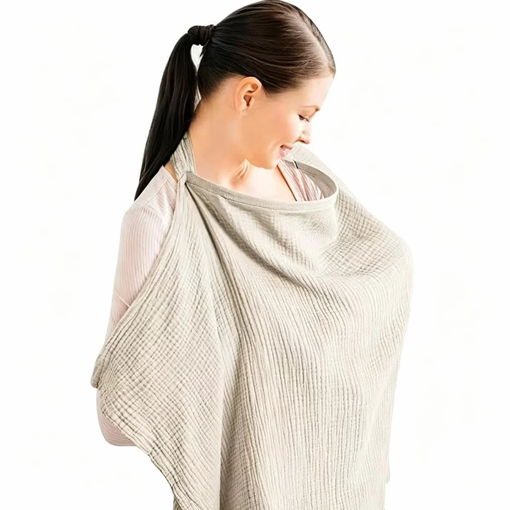 Tablier Allaitement Mousseline Coton Douce Respirante Cape Anneau Rigide Ajustable Housse Multifonctionnelle Kaki 95x75 cm