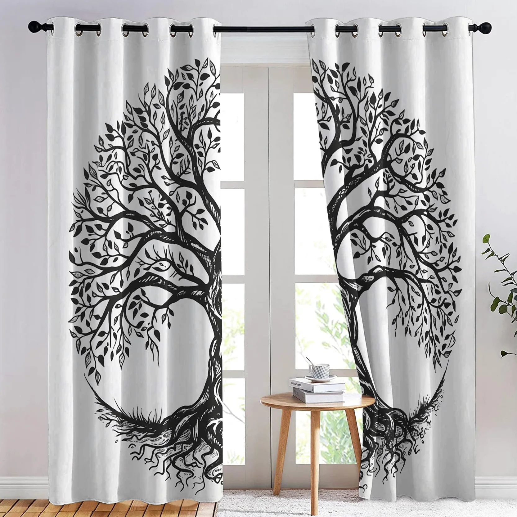 Rideau Occultant Arbre De Vie, Arbre Noir Et Blanc Motif Rideaux Thermiques à Oeillets, Rideaux Imprimé pour Salon Chambre Fenetre Moderne Décoration, 140x200 cm (L x H), Lot de 2