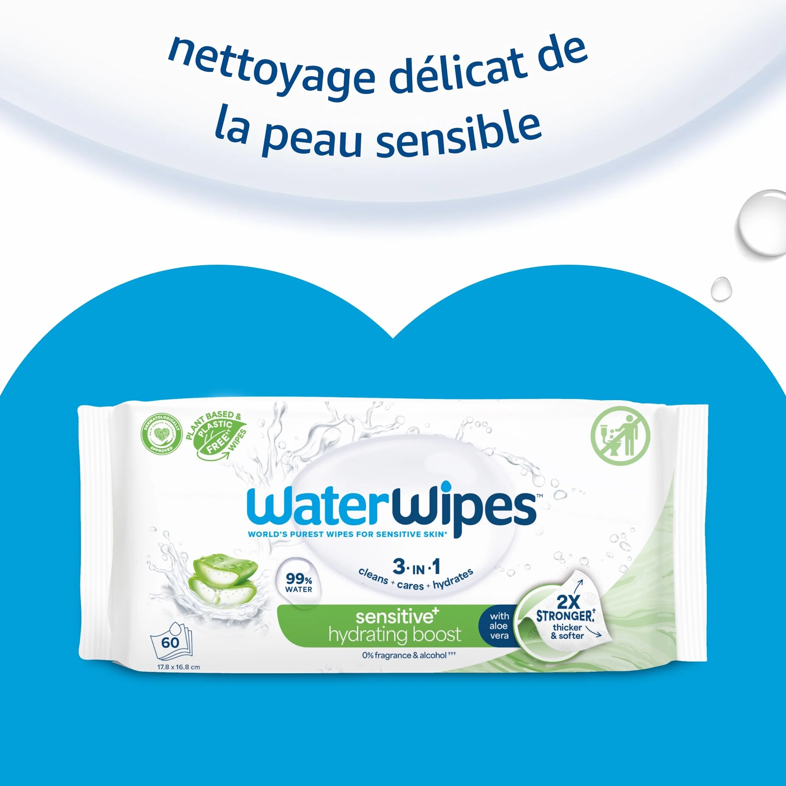 WaterWipes Sensitive+ Hydrating Boost Wipes, Lingettes Hydratantes, 360 unités, 3-en-1 nettoie, soigne, hydrate, 99% d'eau avec aloe vera, non parfumées