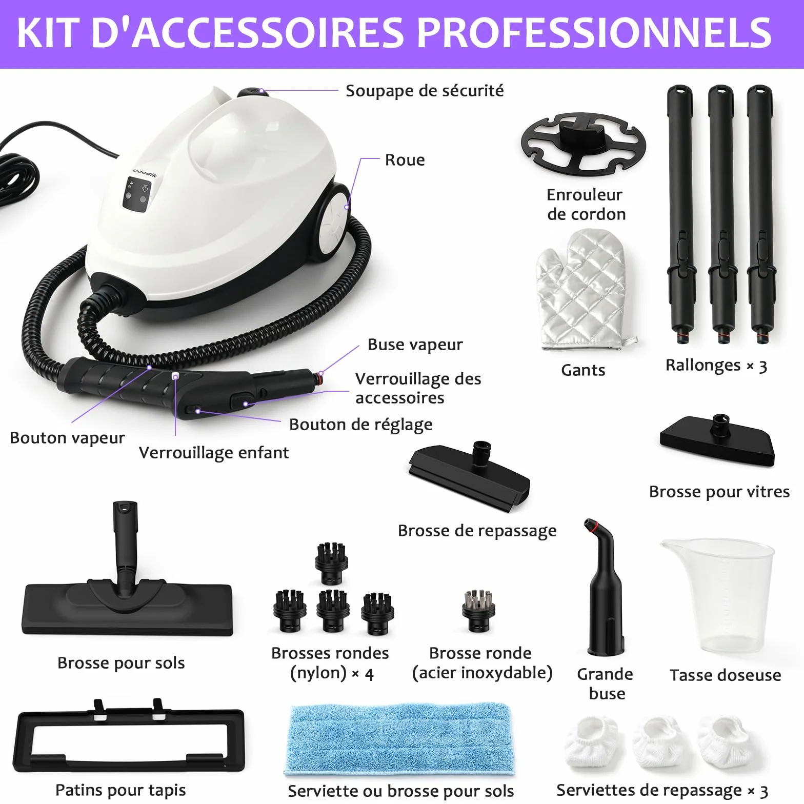 Nettoyeur vapeur portable 120 °C 20 accessoires pour sols canapés fenêtres meubles cuisine