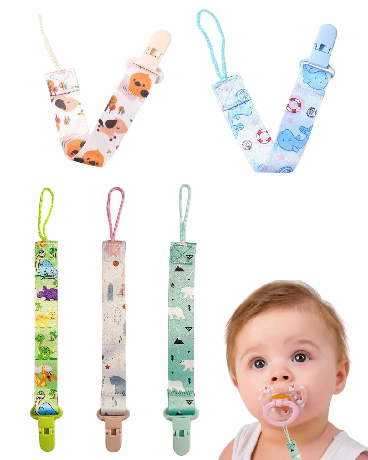 Attache Sucette Bébé Lot de 5, attaches-tétines avec sangles en coton, Pacifier Clip Chain