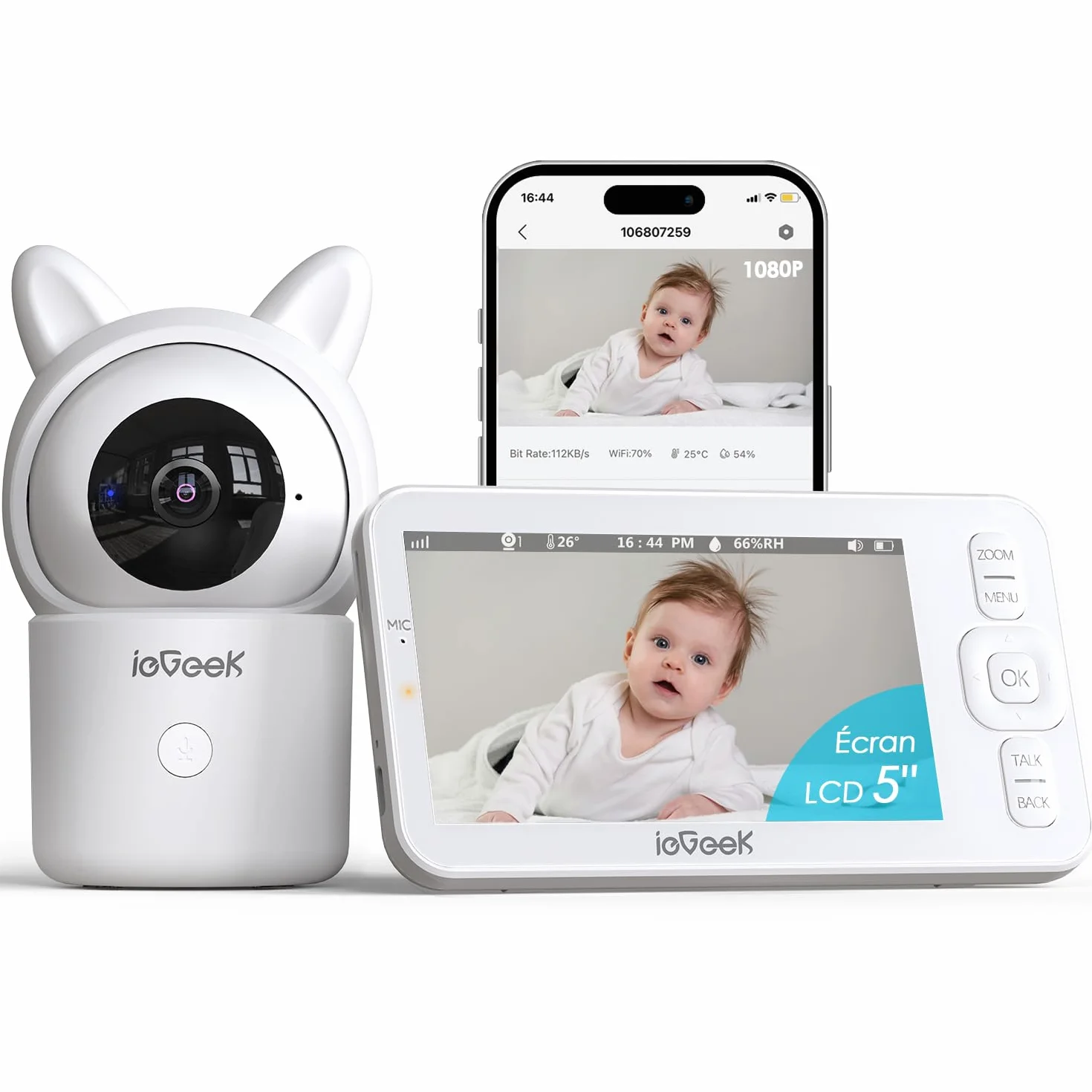 ieGeek Babyphone Caméra 1080P 5" PTZ 355° Visiophone avec Alertes Intelligentes Vision Nocturne Suivi Automatique