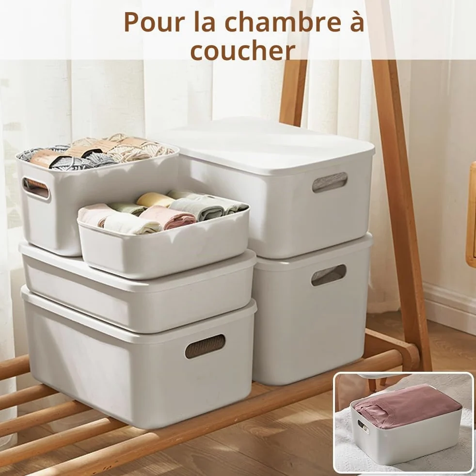 Lot de 8 boîtes de rangement avec 4 couvercles, panier rangement plastique | rangement avec poignées, boîtes de rangement multifonctionnelles pour cuisine, bureau, placard, salle de bain, jouets