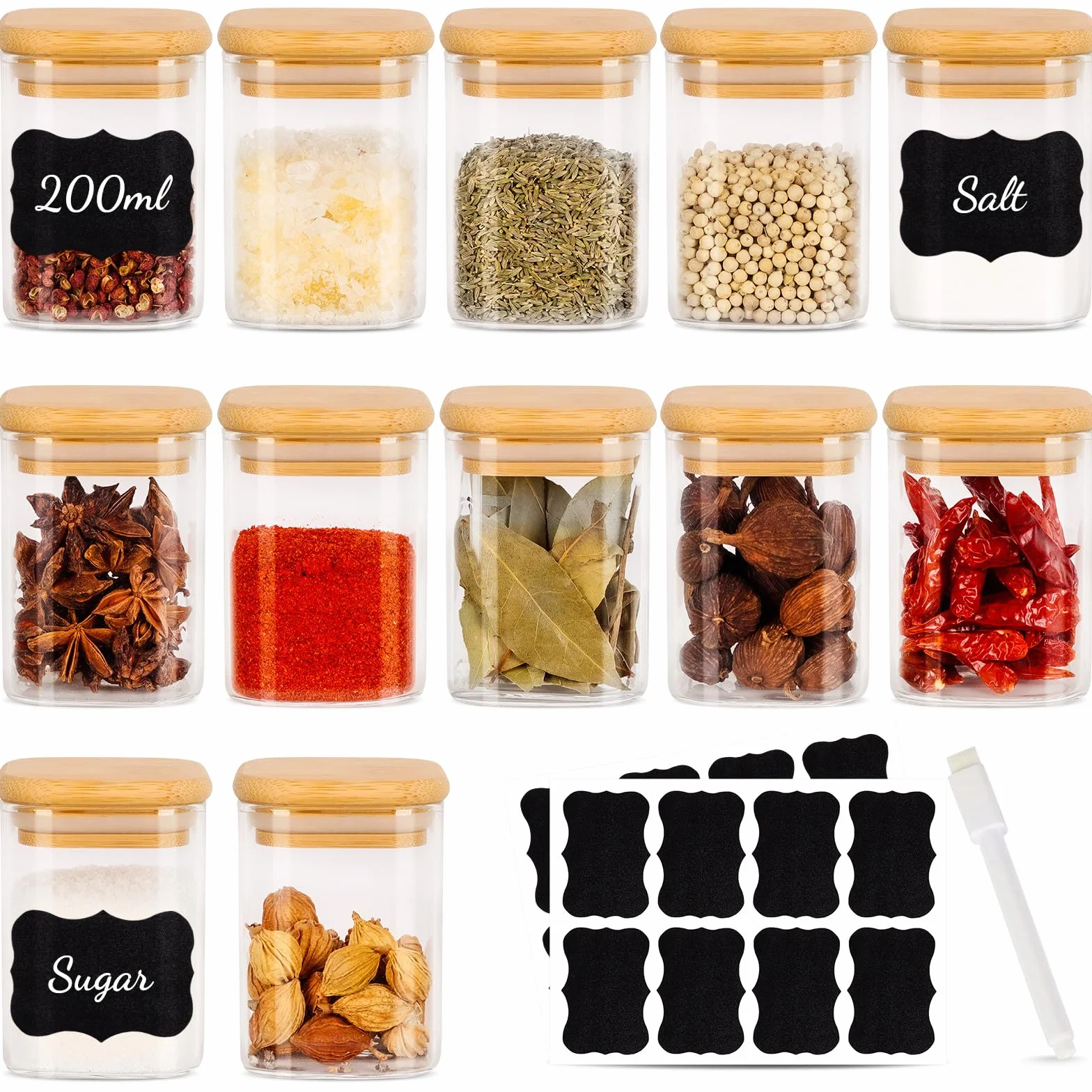 Lot de 12 Pots à Épices Carrés 200 ml Hermétiques avec Couvercle en Bois Verre