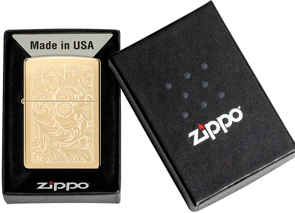 Zippo Briquet Tempête - Modèle Vénitien - Finition Laiton Poli Brillant - Lustre - Rechargeable - Réutilisable - Design Coupe-Vent - Coffret Cadeau - Fabriqué aux États-Unis