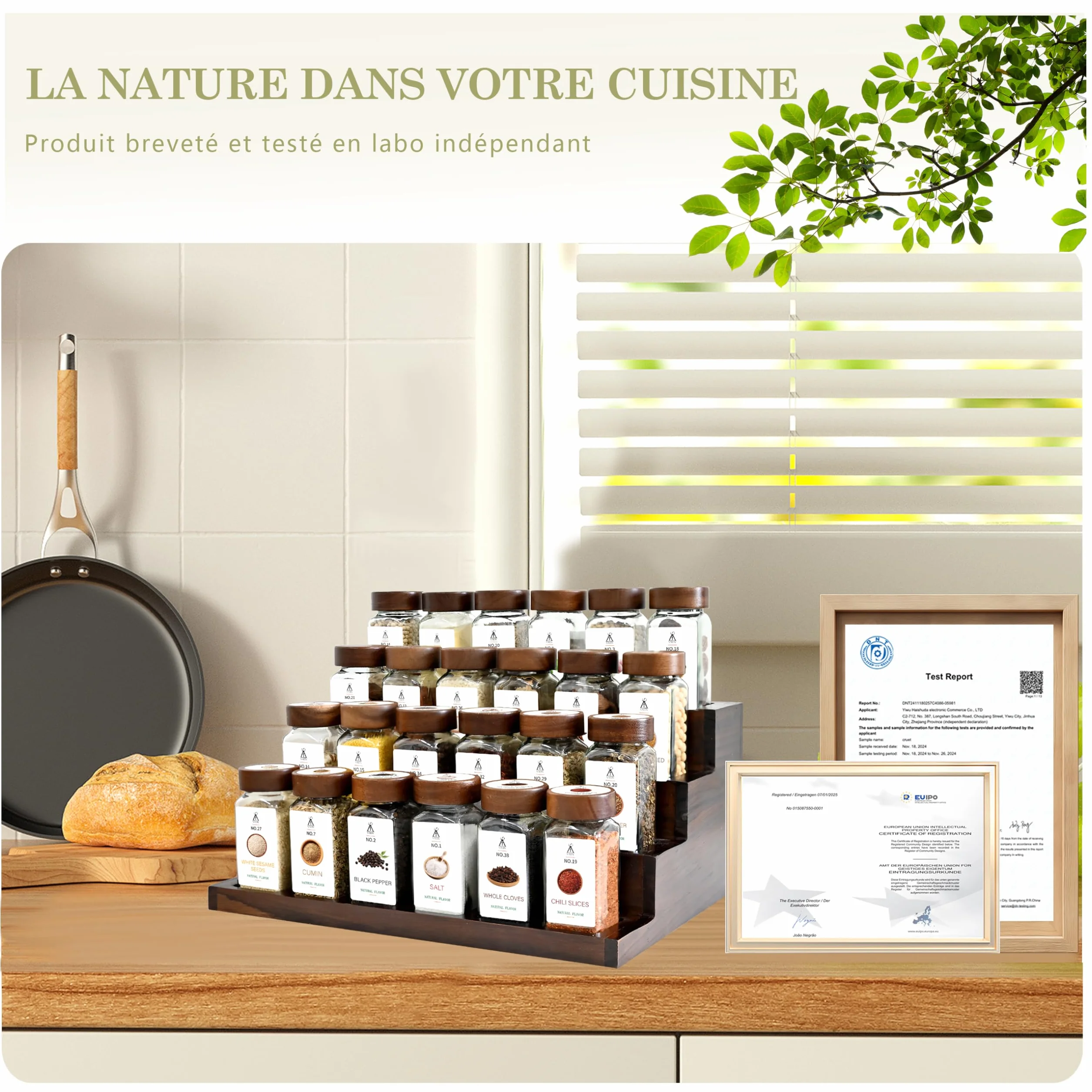 Pot à Épices Verre Couvercles Acacia 24 Pièces, Bocaux Borosilicaté Sans BPA, Porte-Épices Hermétique, Rangement Cuisine