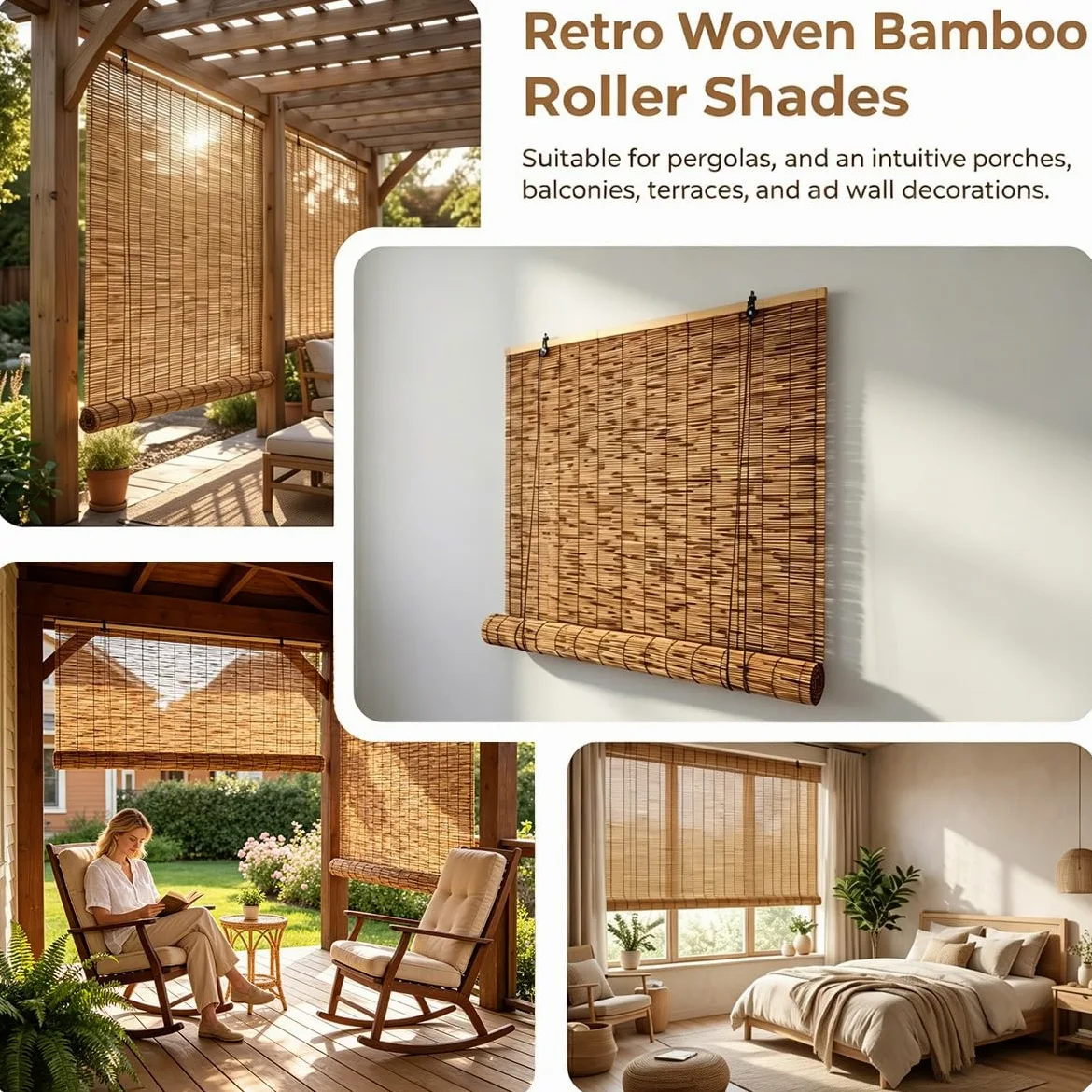 Store Bambou Intérieur sans Percage, 80 100 120 130 135 140 145 155 160 cm Store Enrouleur Bambou Naturel, Rideau Thermique Occultant pour Pergola Balcon Terrasse(W140 cm x H240 cm)