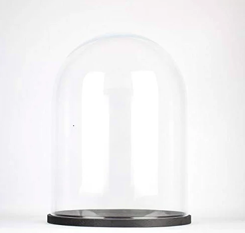 EMH Grande cloche en verre transparent faite à la main avec base en bois noir 30 x 25 cm