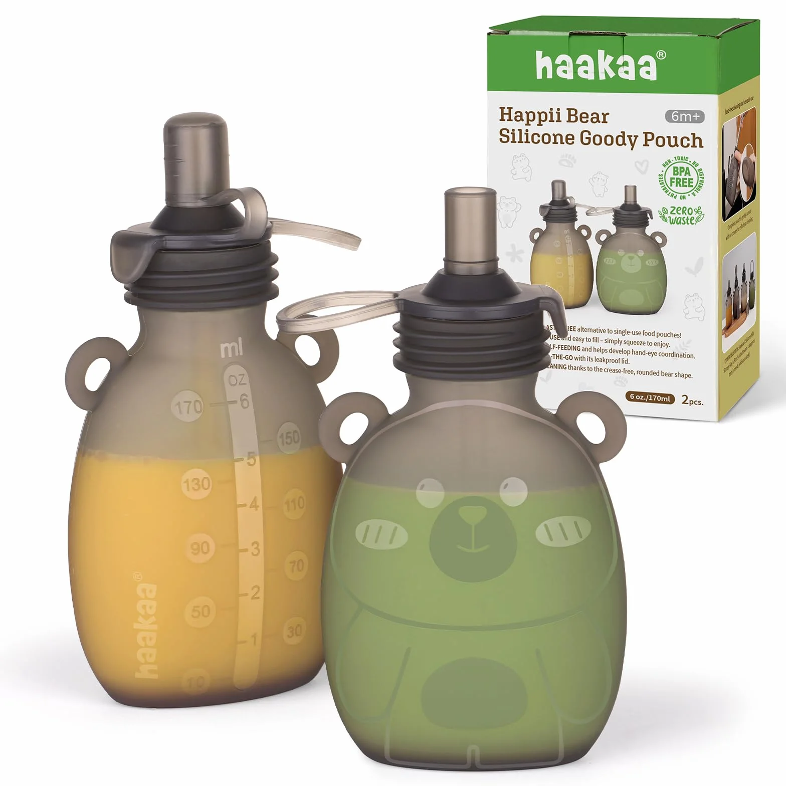 Haakaa Happii Bear Lot de 2 pochettes à friandises réutilisables en silicone 170 g