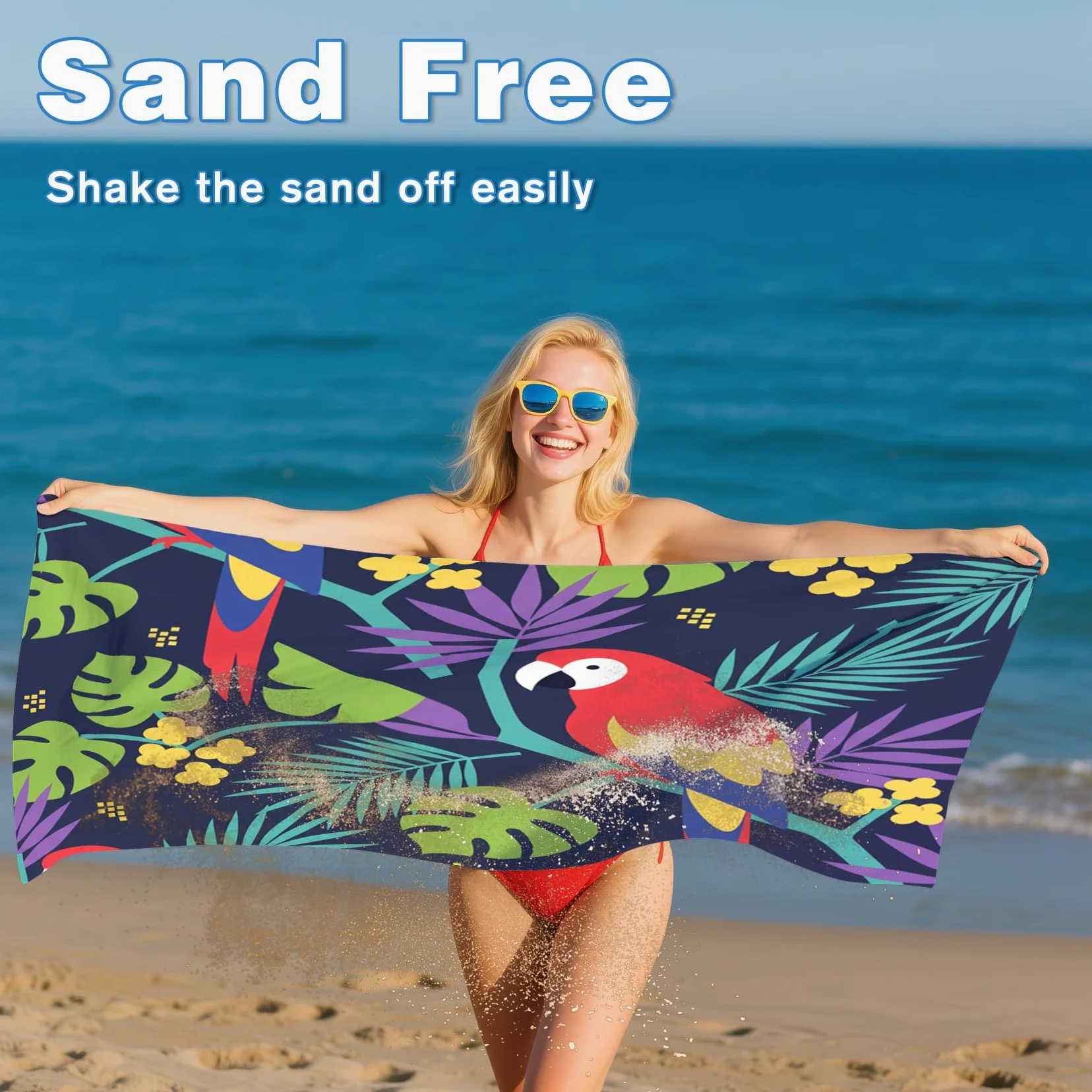 Serviette de Plage XXL Microfibre Perroquet Oiseaux Tropicaux Monstera, Drap de Plage Séchage Rapide Anti Sable & Légère, Serviette de Bain Grande Taille 150x200 cm, Accessoire