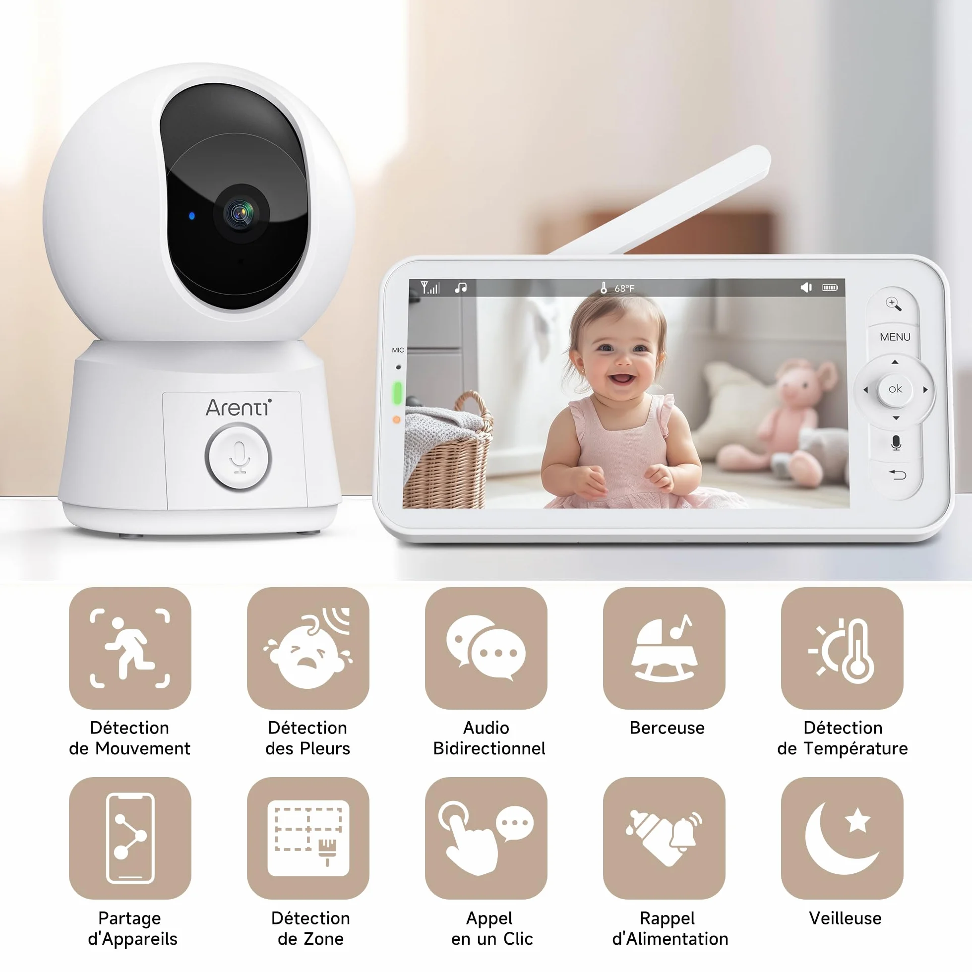 ARENTI Babyphone Camera Bébé, Moniteur Vidéo avec VOX, Détection de Température, Vision Nocturne, Suivi Automatique