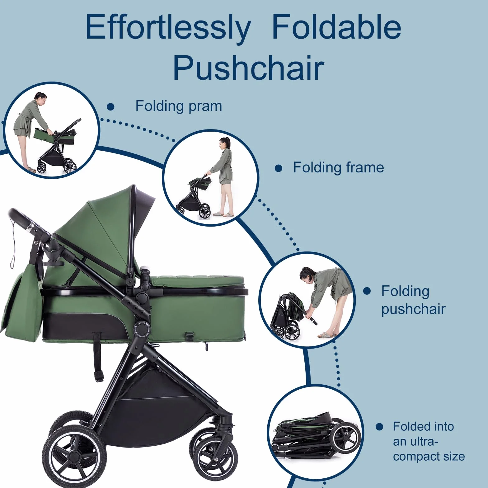 Poussette 3 en 1 avec Nacelle Pliable, Trio Poignée Réglable, Roues PU, pour Enfant de 0 à 3 Ans - Kaki Beige