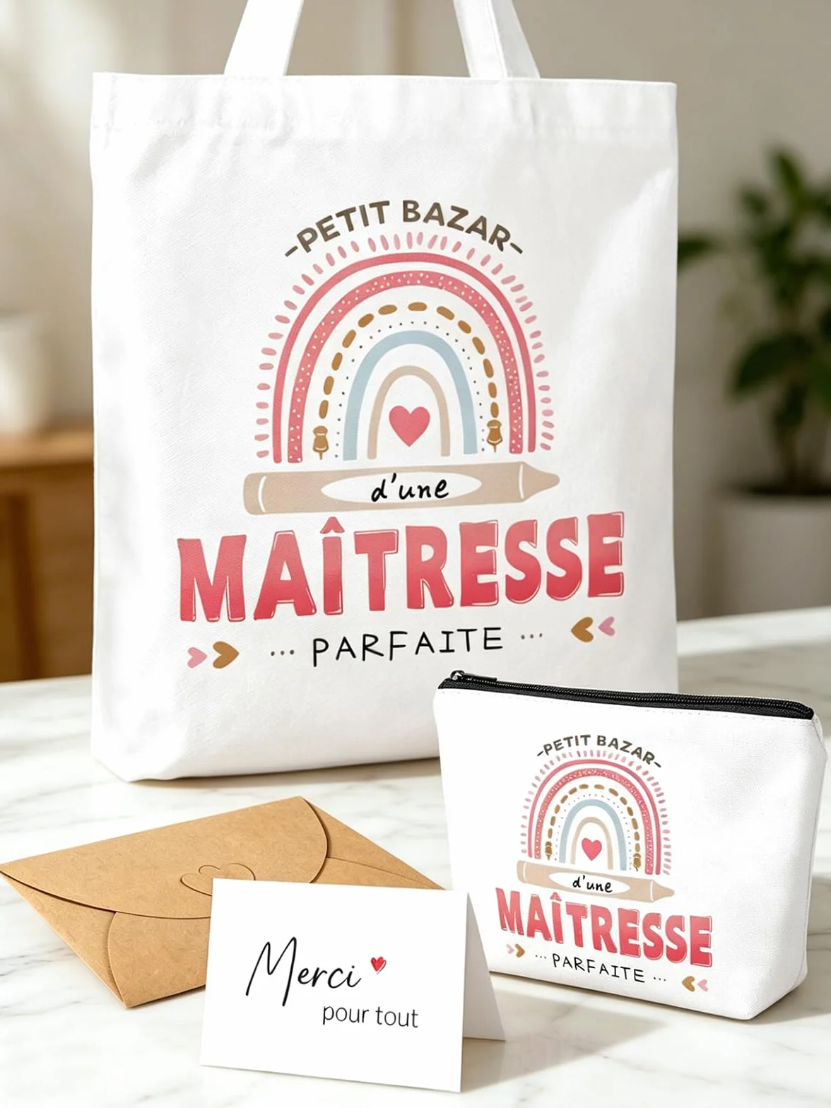 Sac Tote Bag Cadeau Maitresse D'école avec Porte Clés et Carte de Remerciement