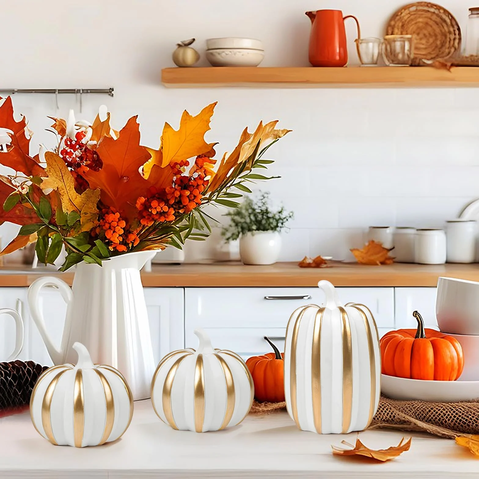 Fangoo 3Pièces Citrouilles Décoratives Résine Blanches pour DéCoration De Table d'automne Halloween RéColte Thanksgiving