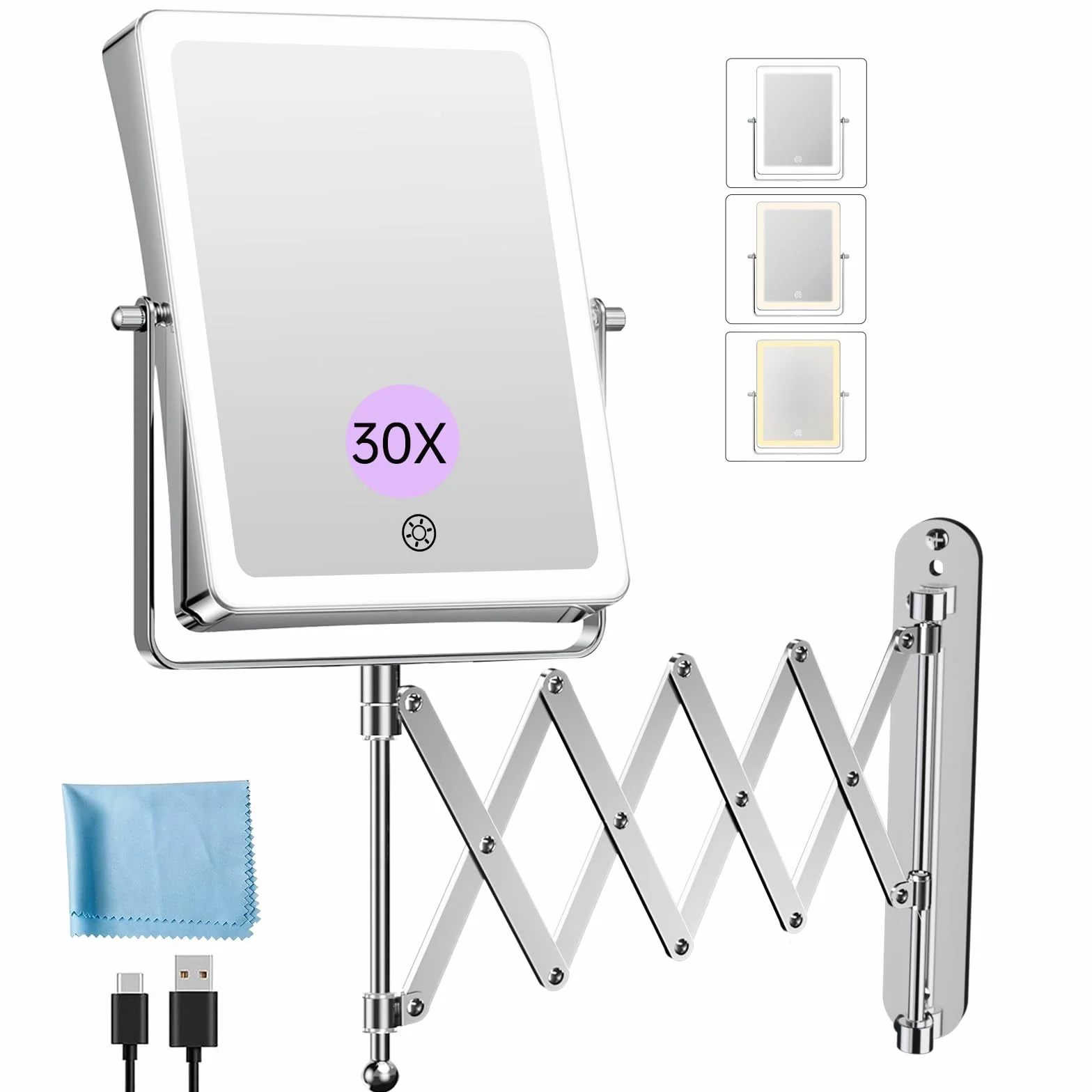 Famihomii Miroir Maquillage Lumineux Rechargeable 5000mAh 8,7" Double Usage 1X/30X Grossissement Mural 3 Températures de Lumière Pivotant 360° Chrome