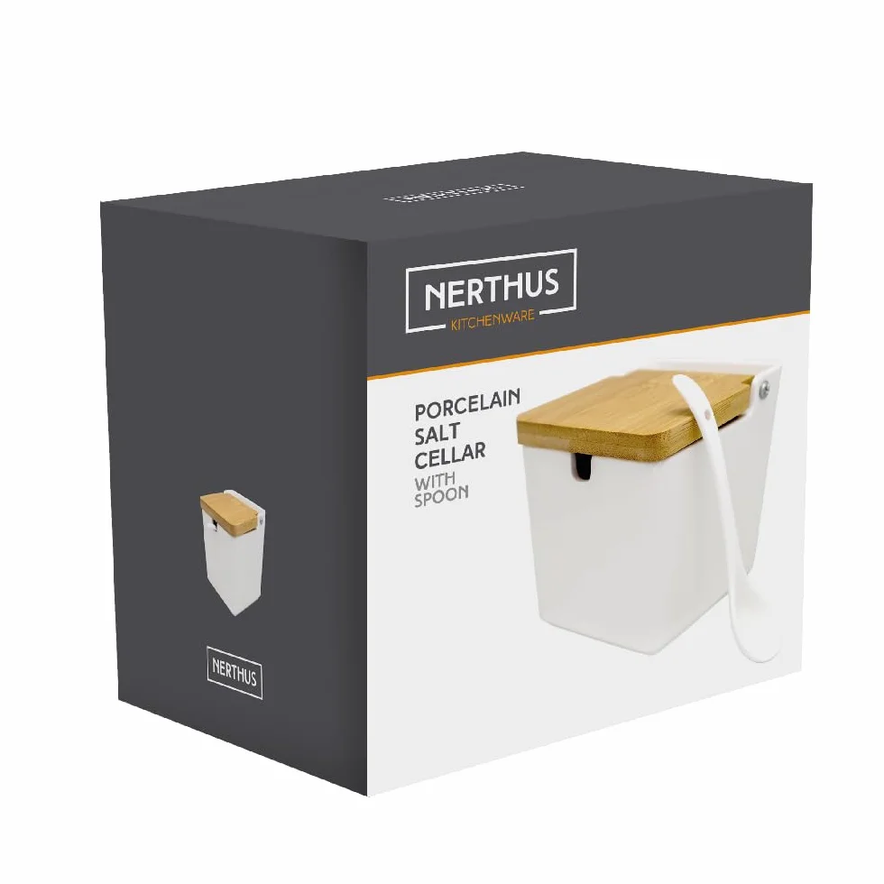 NERTHUS FIH 1335 salière porcelaine carrée grande avec couvercle bois et cuillère