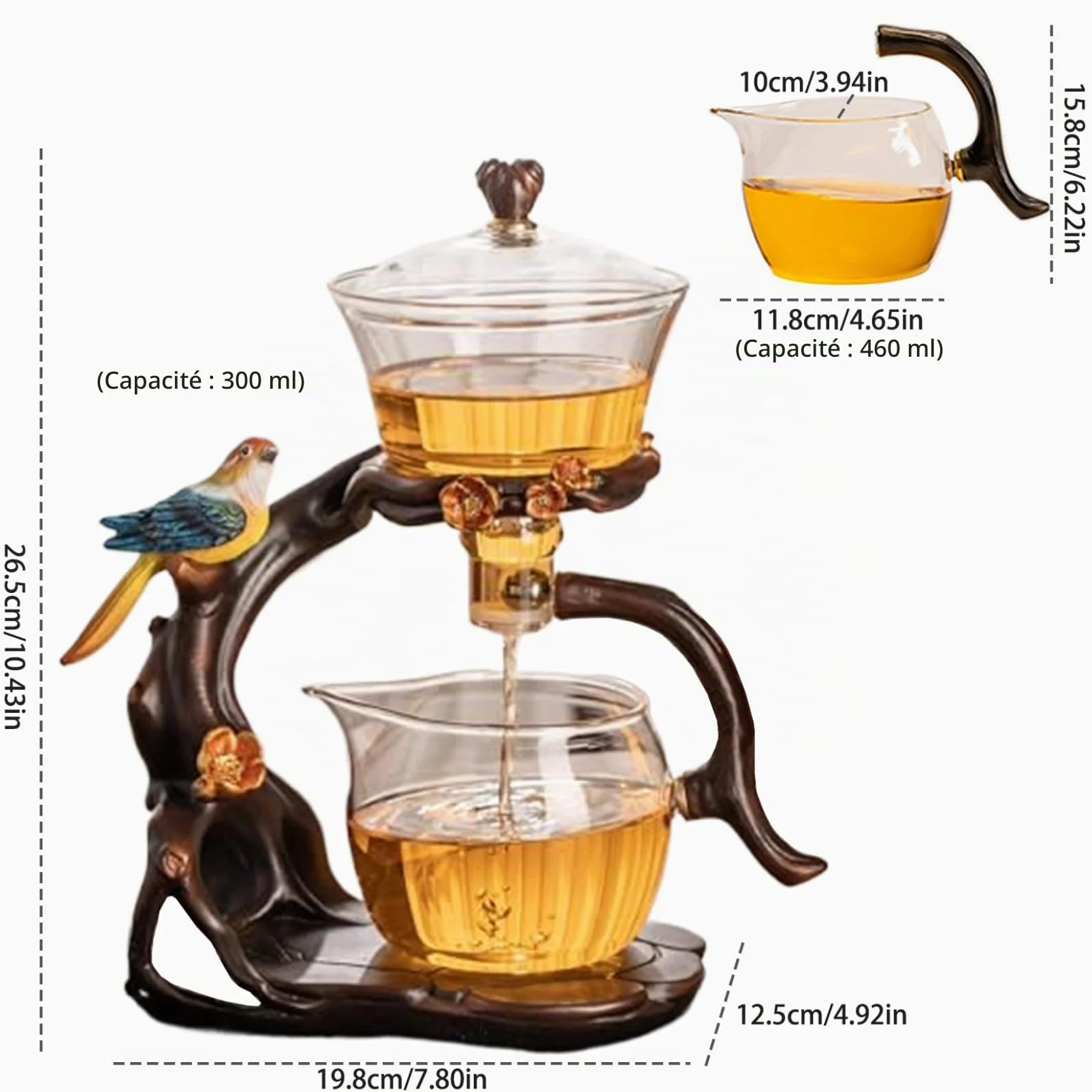 Ensemble de thé MAGNÉTIQUE KUN, théière en verre semi-automatique avec infuseur, 300 ml + 460 ml, 7.8x4.9x10.4 cm