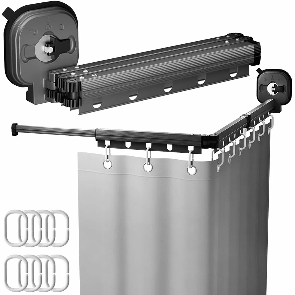 Tringle à Rideau de Douche en L, Modèle à Ventouses Sans Perçage, Rétractable à 3 Volets avec Étagère à Linge, pour Salle de Bain et Baignoire