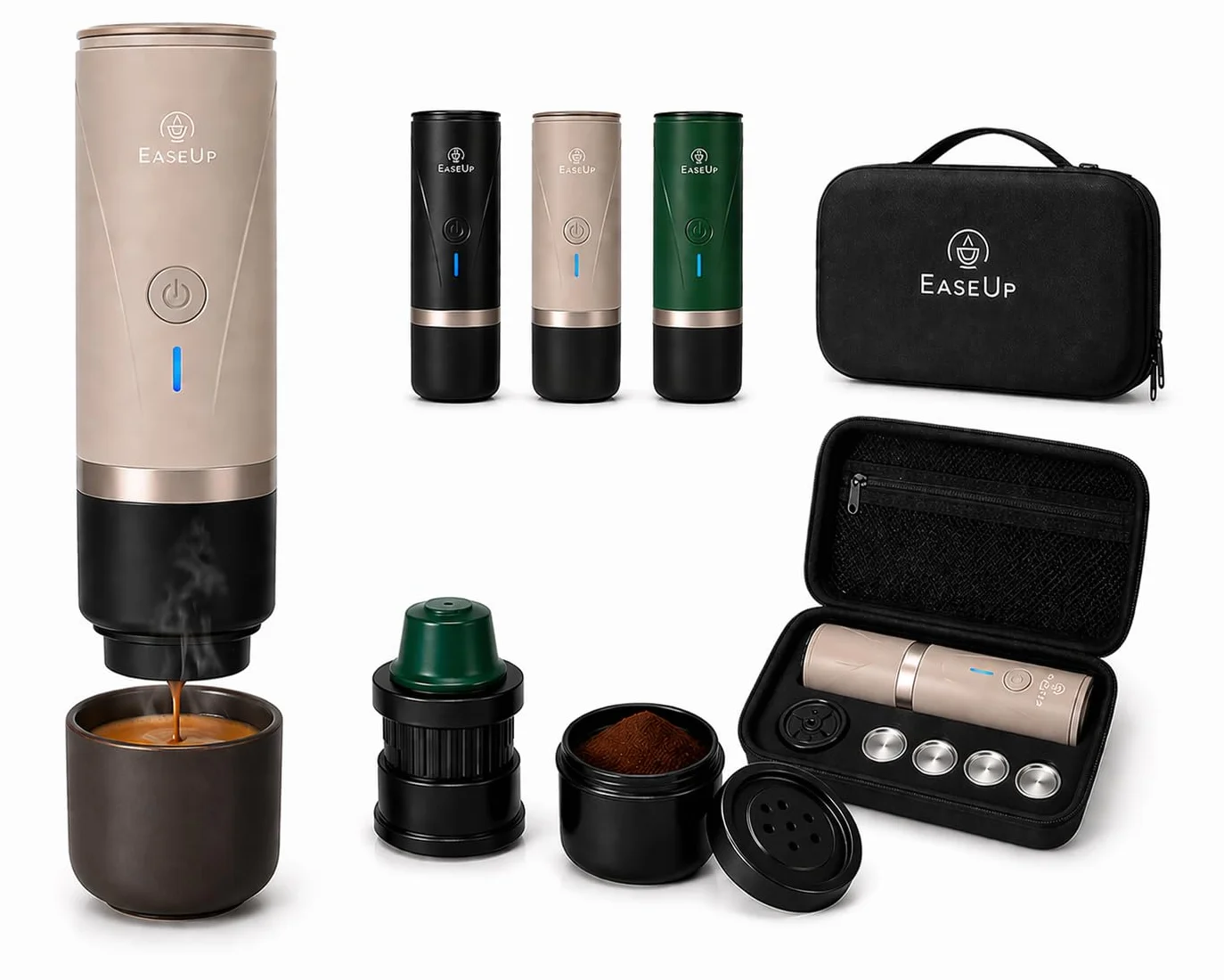 EaseUp Machine à Café Portable Rechargeable 2en1 avec étui de transport – Cafetière portable compatible Capsules Espresso & Café Moulu Pour Voyage, Camping, Voiture (Beige)