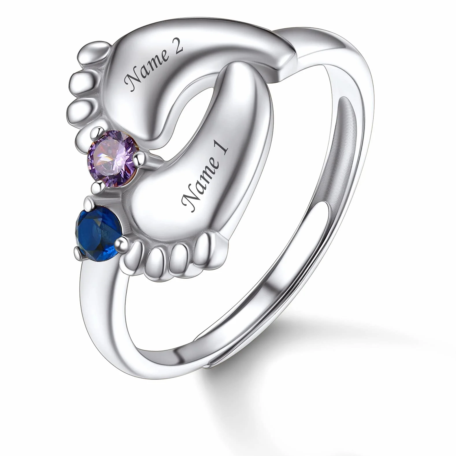 Bague Argent 925 Femme Réglable Personnalisable 2 Prénoms Pierre de Naissance