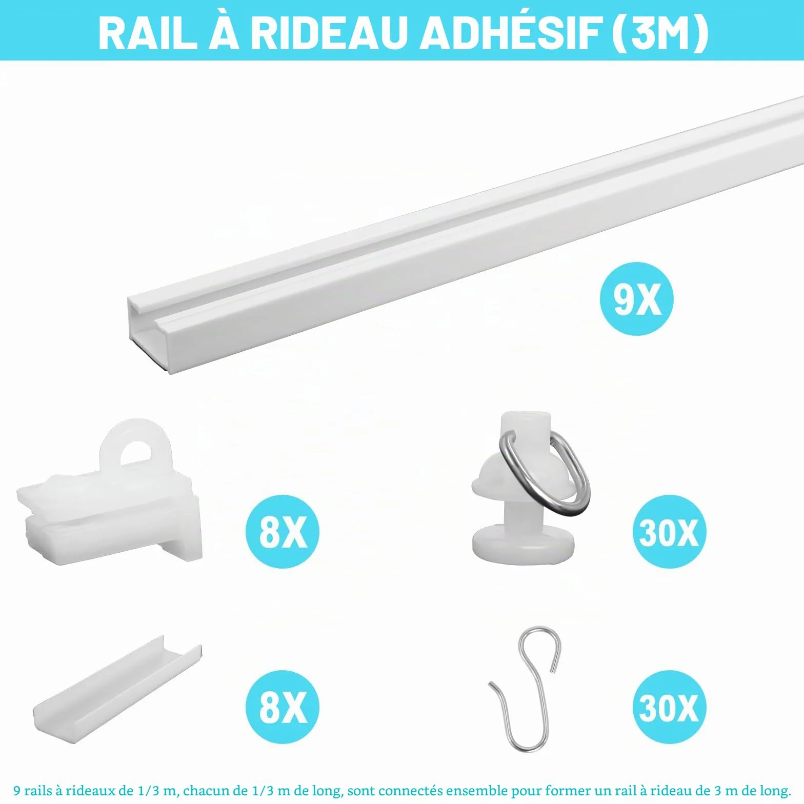 Tringle à Rideau Adhésive 3 Mètres Rails Sans Perçage pour Plafond et Mur