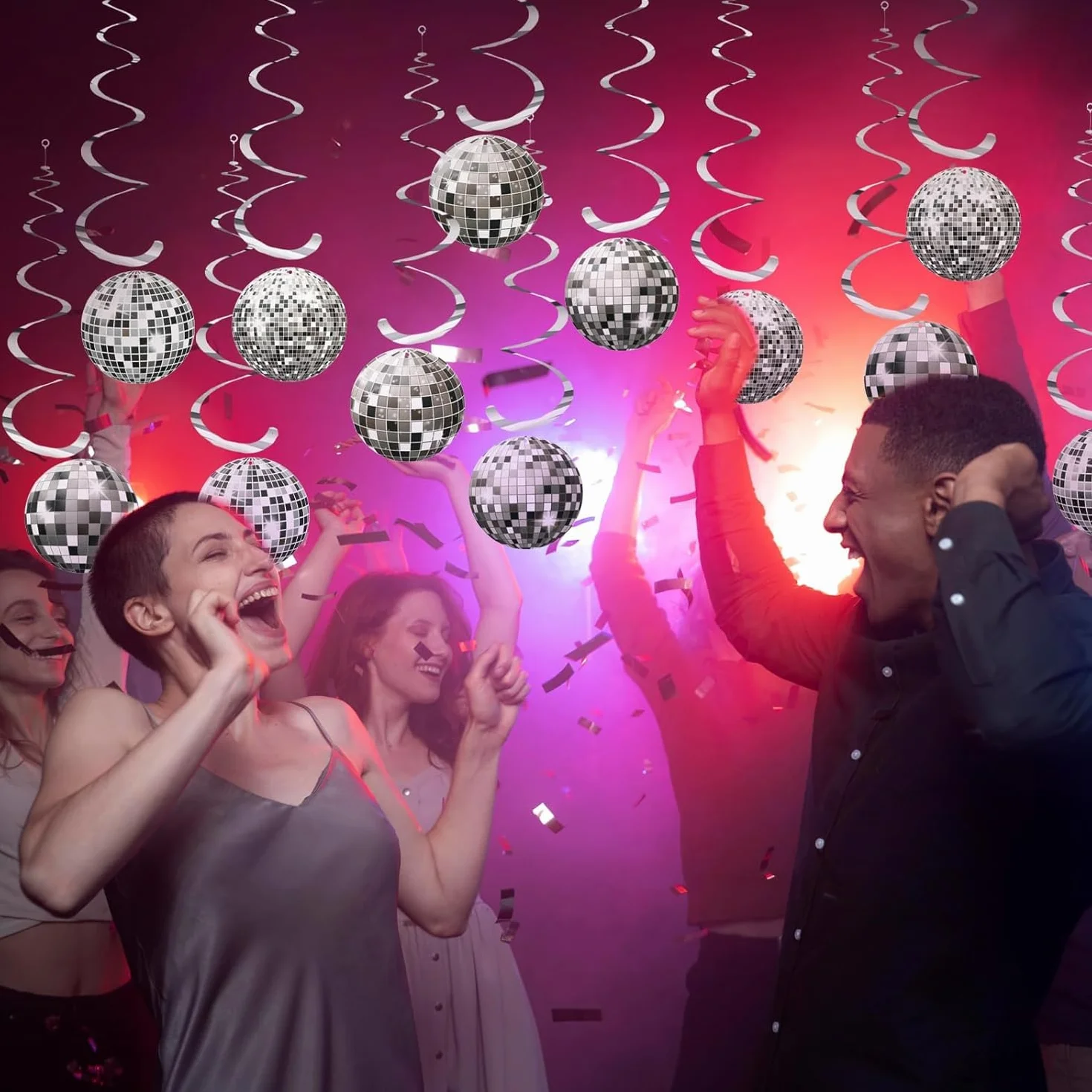 Guirlande Décoration Disco 2 Bannières Boules Paillettes Argentées 6 Spirales Suspendues Fête Années 70 80 90