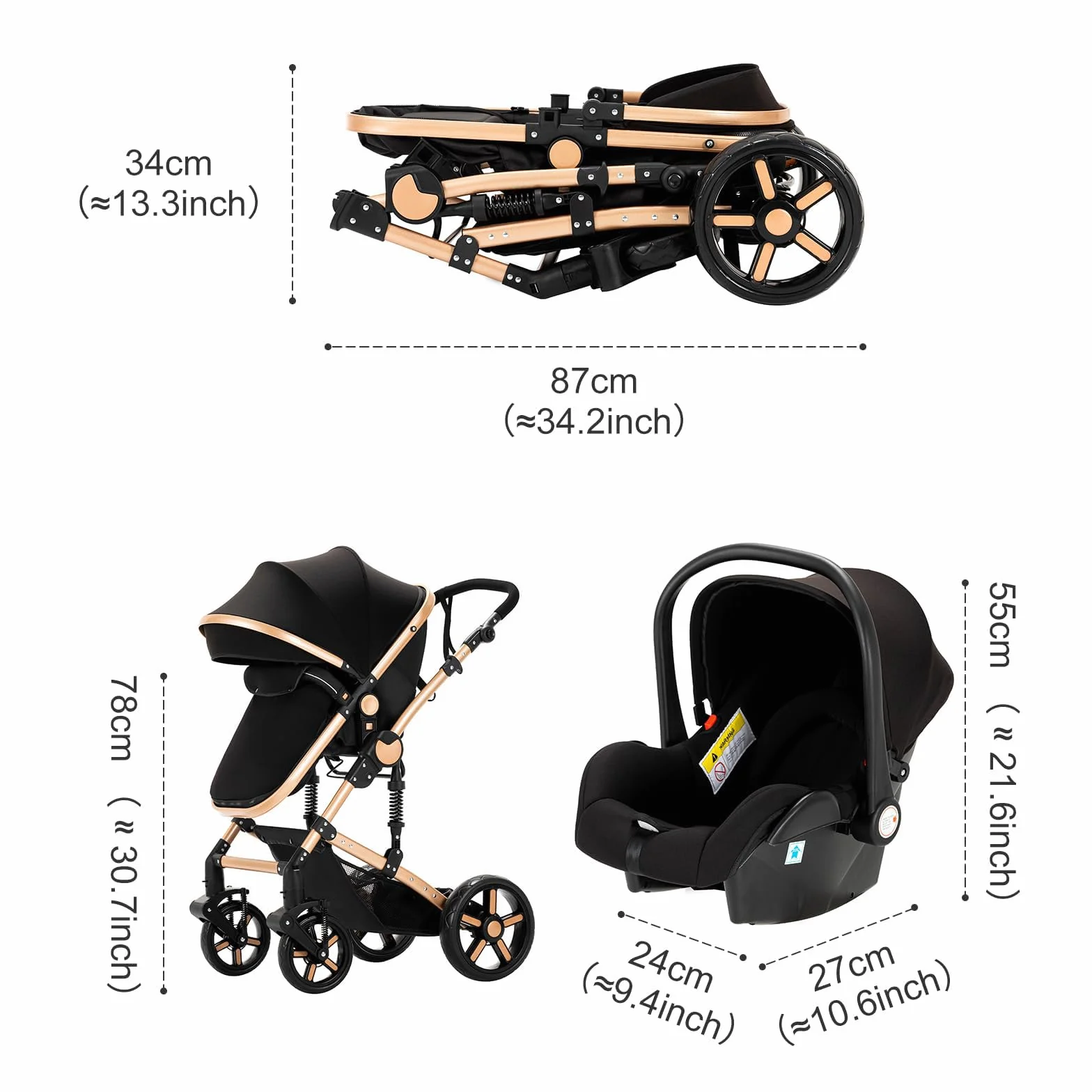 Poussette 3 en 1 Bebe Cadre Aluminium Haute Paysage Pliable Un Clic Noir Or