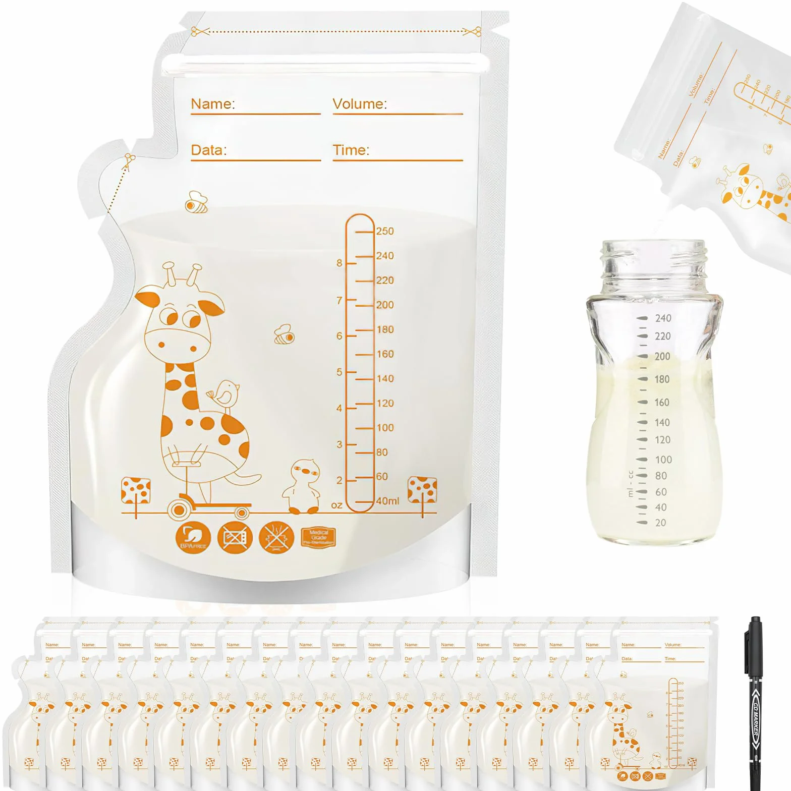Sachet Conservation Lait Maternelle 250 ML 60 Pièces sans BPA Sac Congélation Lait Maternel