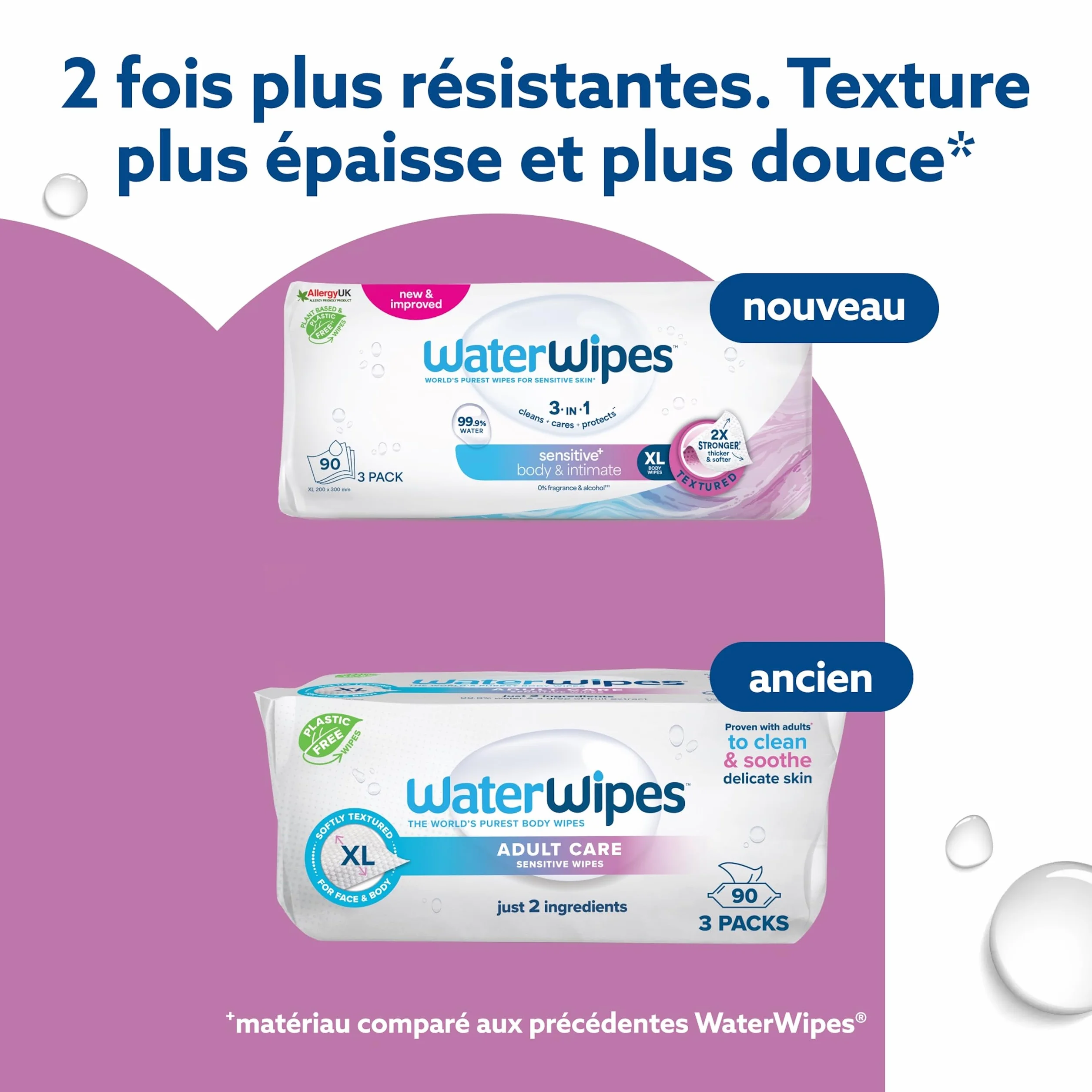 WaterWipes Sensitive+ Lingettes Corporelles et Intimes, 90 Lingettes (3 Paquets), 3-en-1 Nettoie Soigne Protège, 99,9% d'Eau, Non Parfumées, Adult Care
