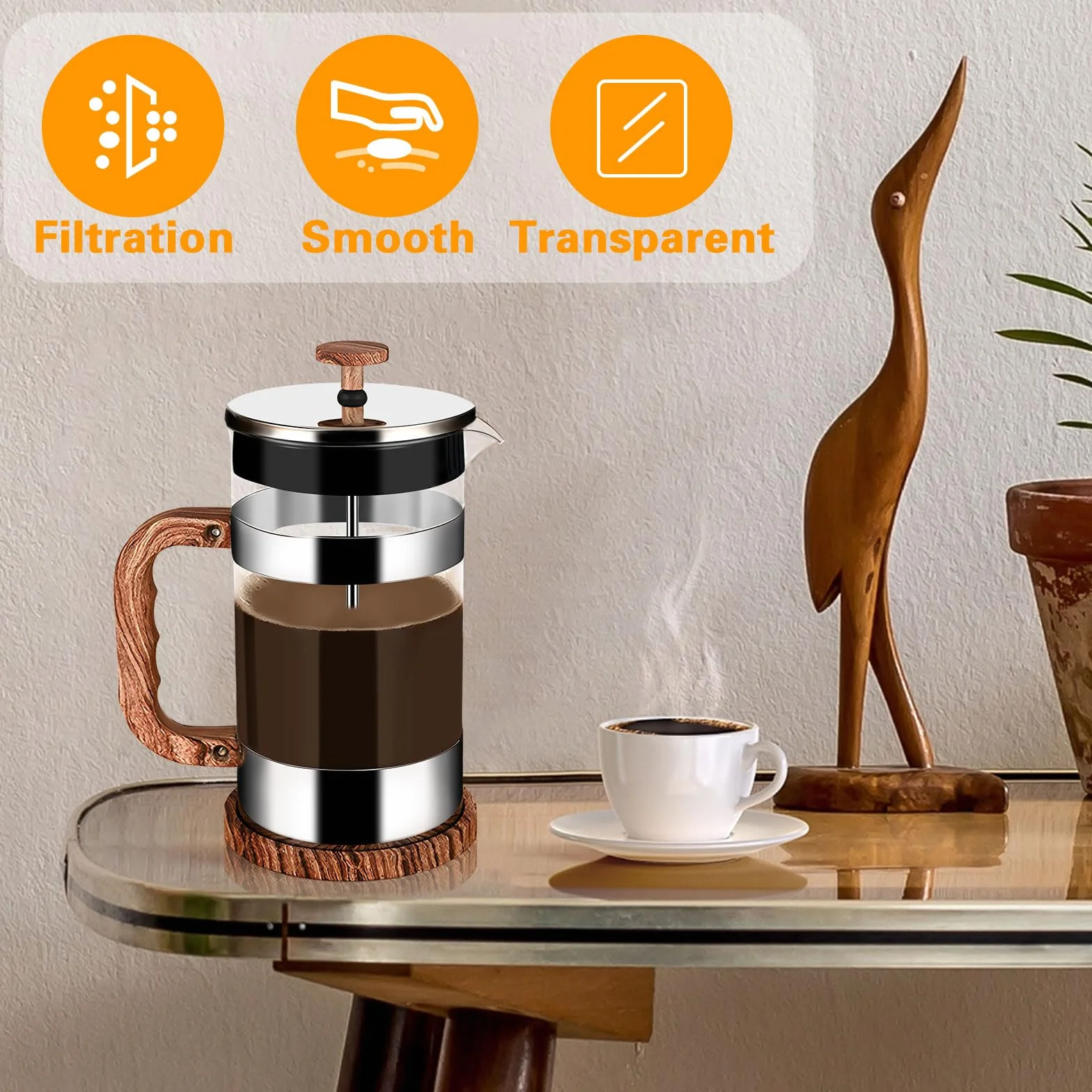 Cafetière à Piston en Verre 1000ML, Presse Française Résistant à la Chaleur avec Filtre en Acier Inoxydable
