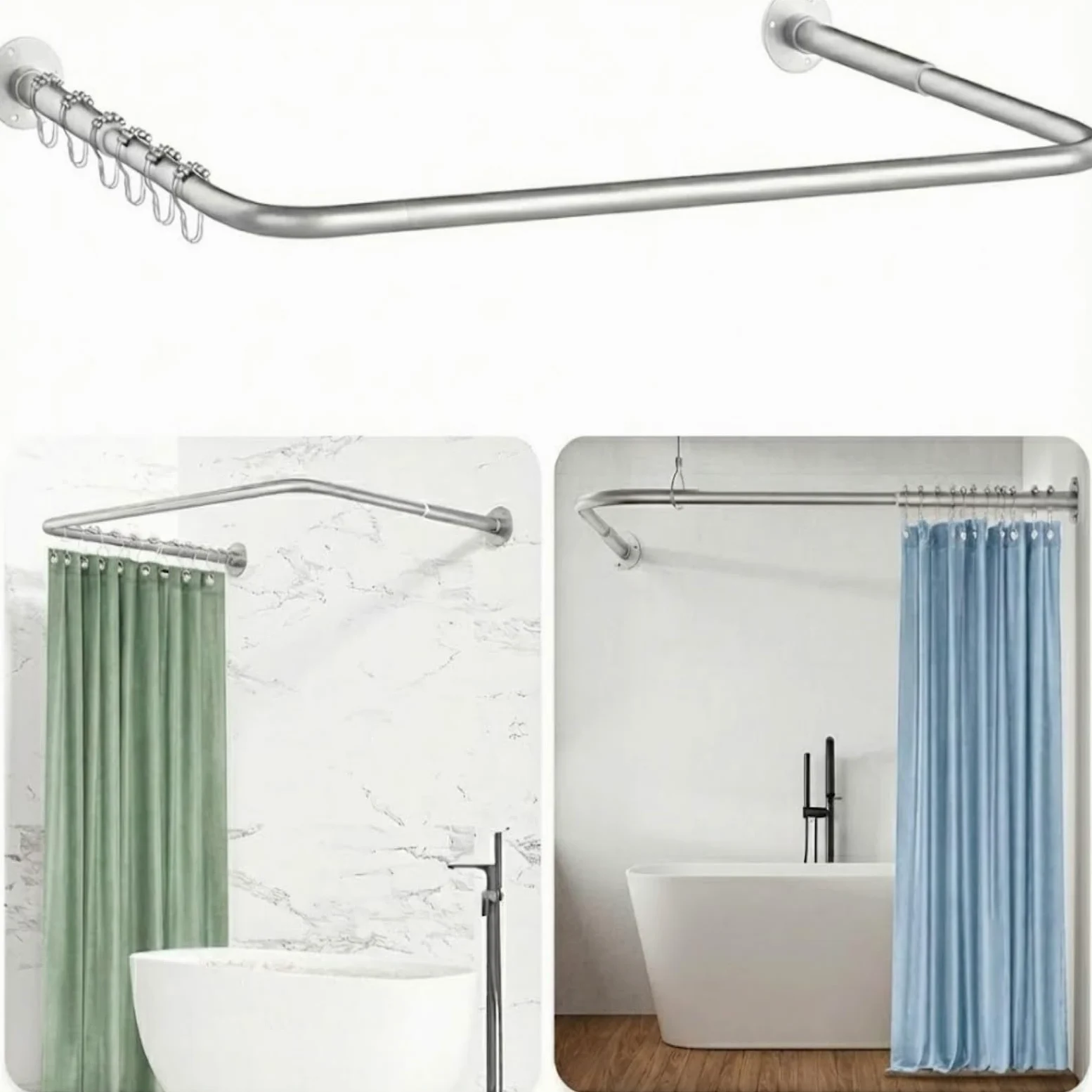 Barre de douche rétractable de type U/L, barre d'angle en acier inoxydable 304, antirouille et durable, avec 12 anneaux de rideau de douche, dimensions : 75 x (150-190) x 75 cm