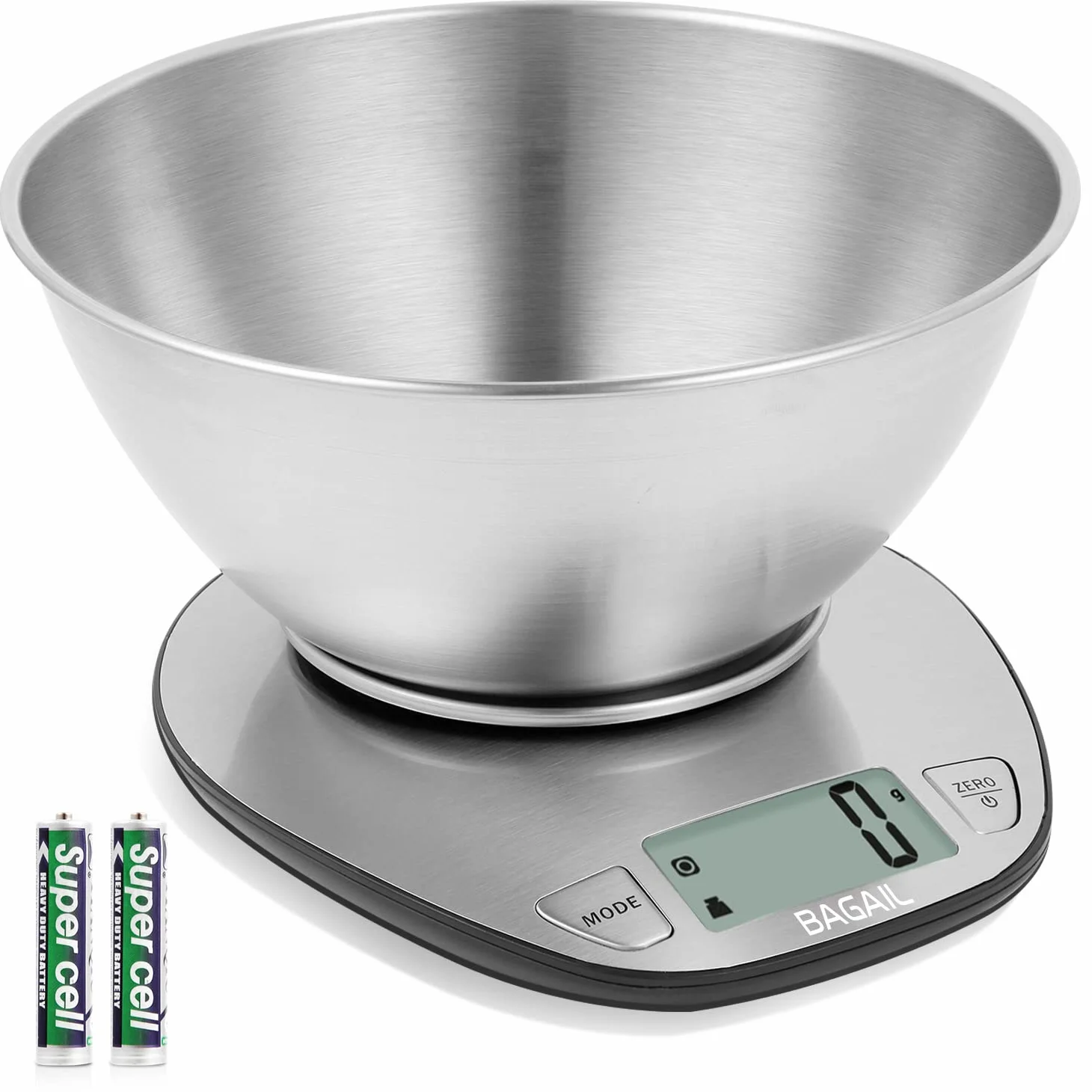 BAGAIL BASICS Balance de cuisine électronique de qualité supérieure avec grand écran et bol mélangeur en acier inoxydable – 5 kg